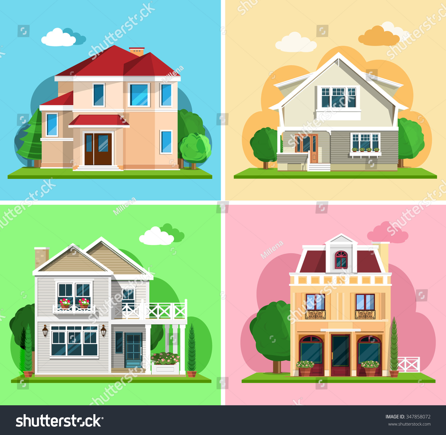 SVG of Set of detailed colorful cottage houses. Flat style modern buildings. Vector illustration svg