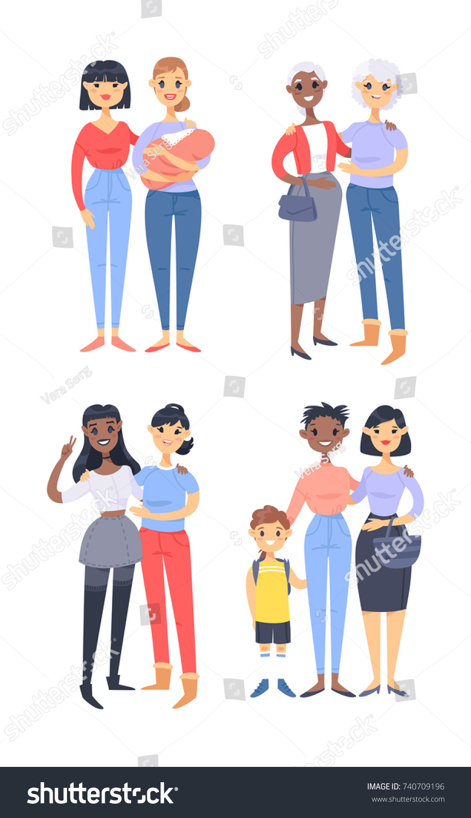 Set Different Couples Lesbians Families Cartoon เวกเตอร์สต็อก ปลอดค่า