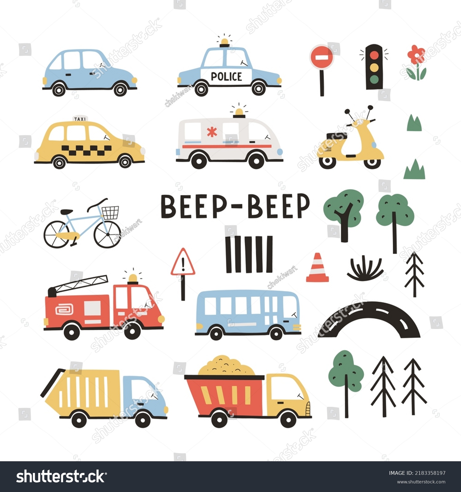 SVG of Set of different cute transport and traffic elements. Colorful cartoon hand drawn illustrations for kid clothes, posters, invitation. Simple kid clipart. svg