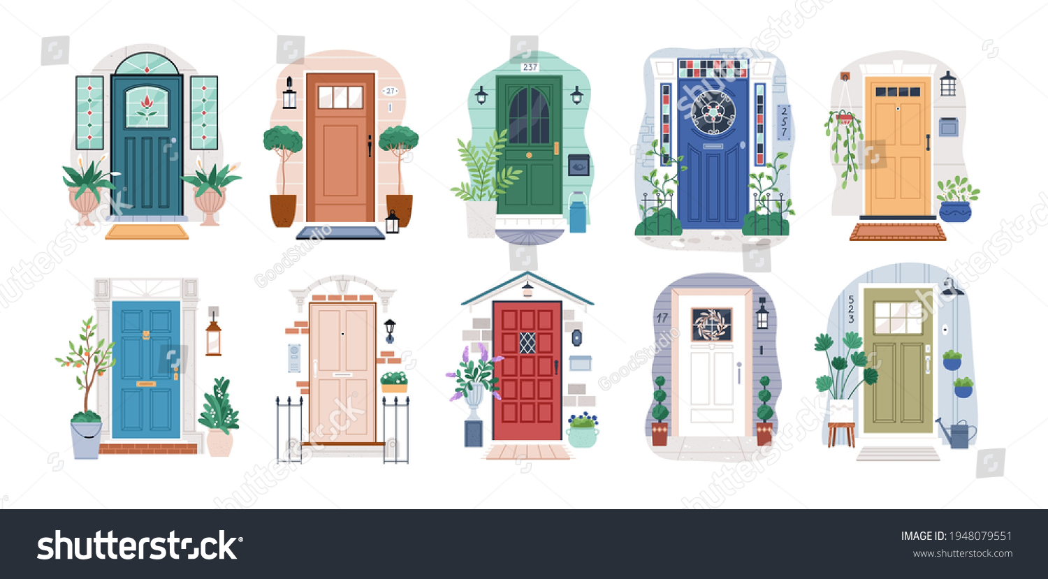 SVG of Set of different house entrances, porches and closed doors. Entries to apartments with potted plants, mats, lamps and letterboxes. Colored flat vector illustration isolated on white background svg