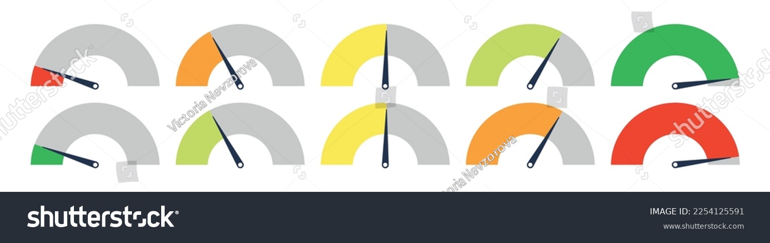 SVG of Set of different meter gauge element. Green and red, low and high barometers,bad and good level or risk scale. Vector isolated illustration svg