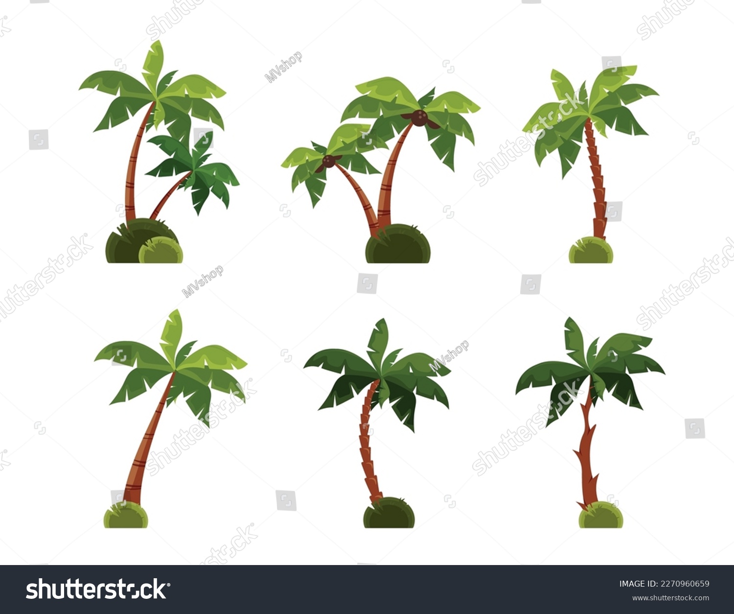 SVG of Set of different palm trees in cartoon style. Vector illustration of beautiful green palm trees with coconuts isolated on white background. Tropical coconut trees. svg