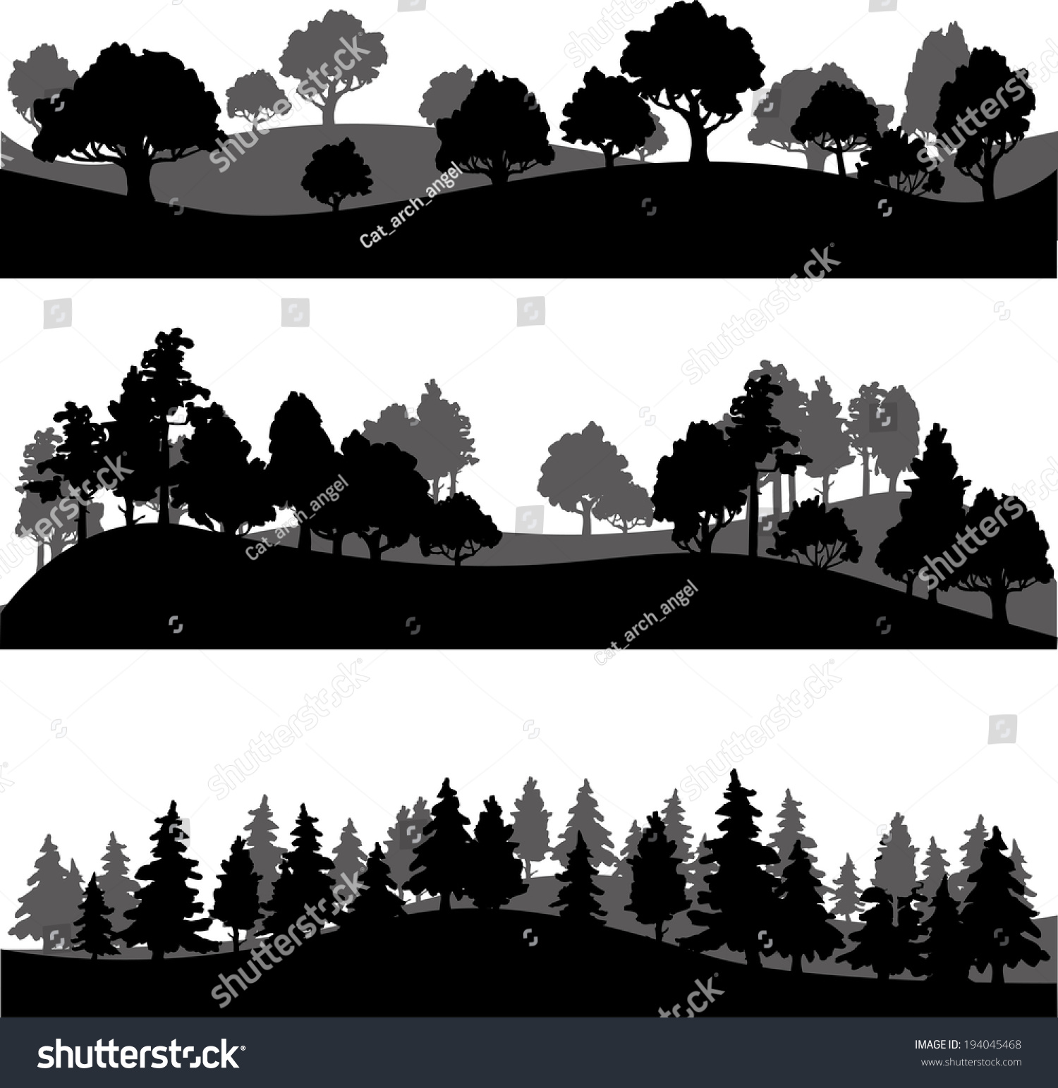SVG of set of different silhouettes of landscape with trees, vector illustration svg