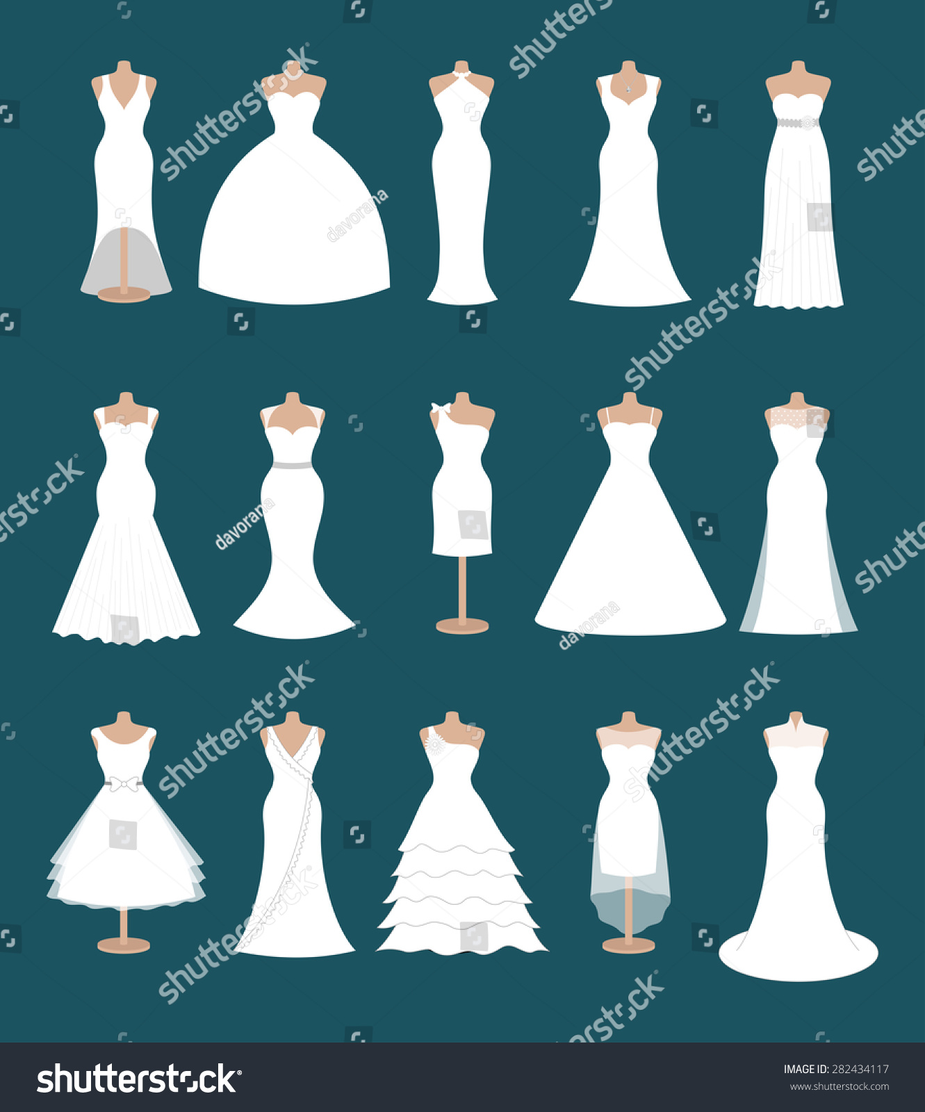 SVG of Set of different styles wedding dresses. Fashion bride dress, modern style design. Collection of white dress silhouette. Bridal shower composition, vector art image illustration isolated on background svg