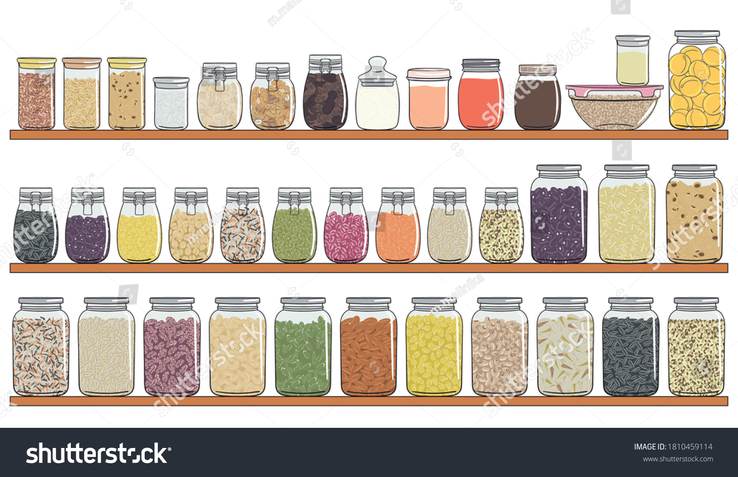 SVG of Set of different types of jars with grains, nuts, seeds beans on shelf. Elements of kitchen storage. Zero waste, no plastic concept. Hand drawn vector illustration. Isolated on white background. svg