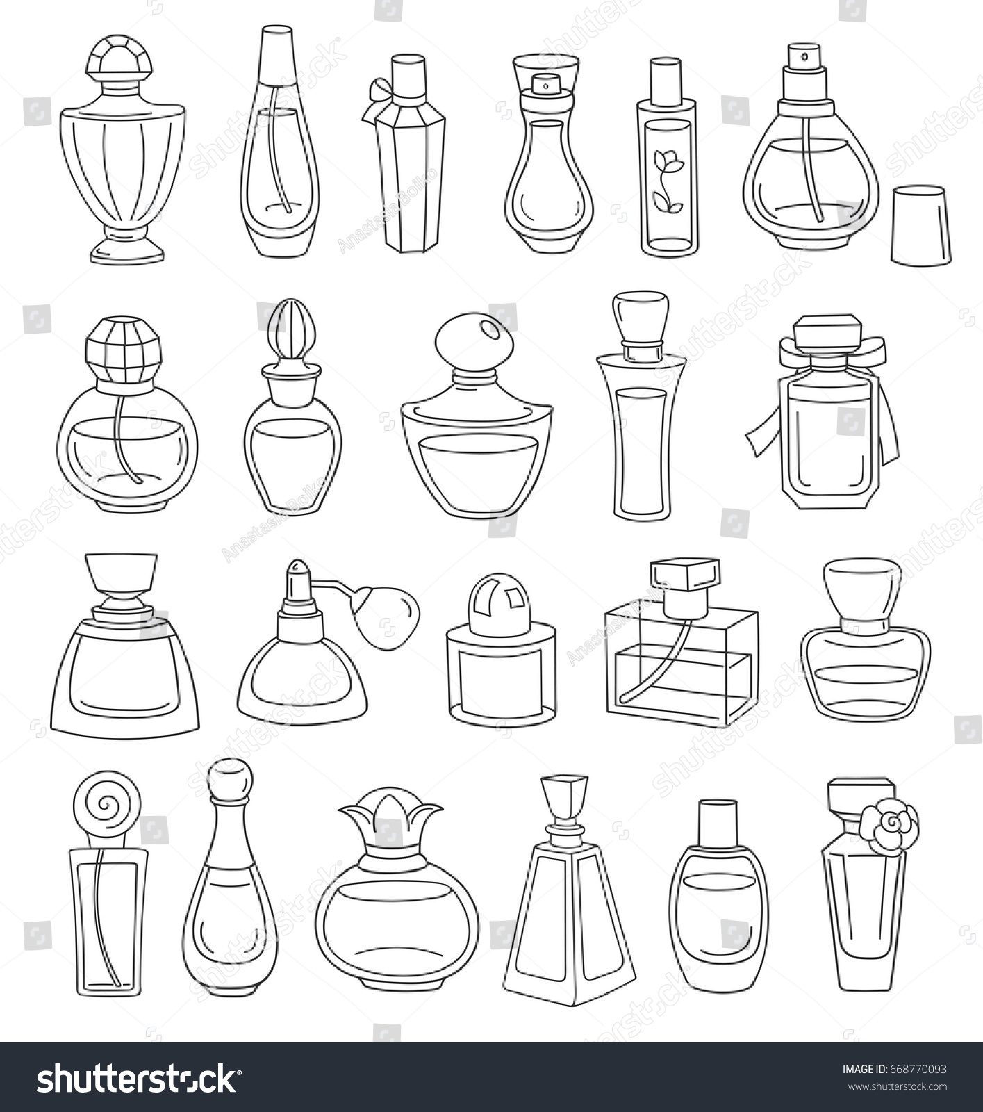 Set Of Different Uncolored Perfume Bottles Hand Drawn Retro Doodle Outline Different Shapes