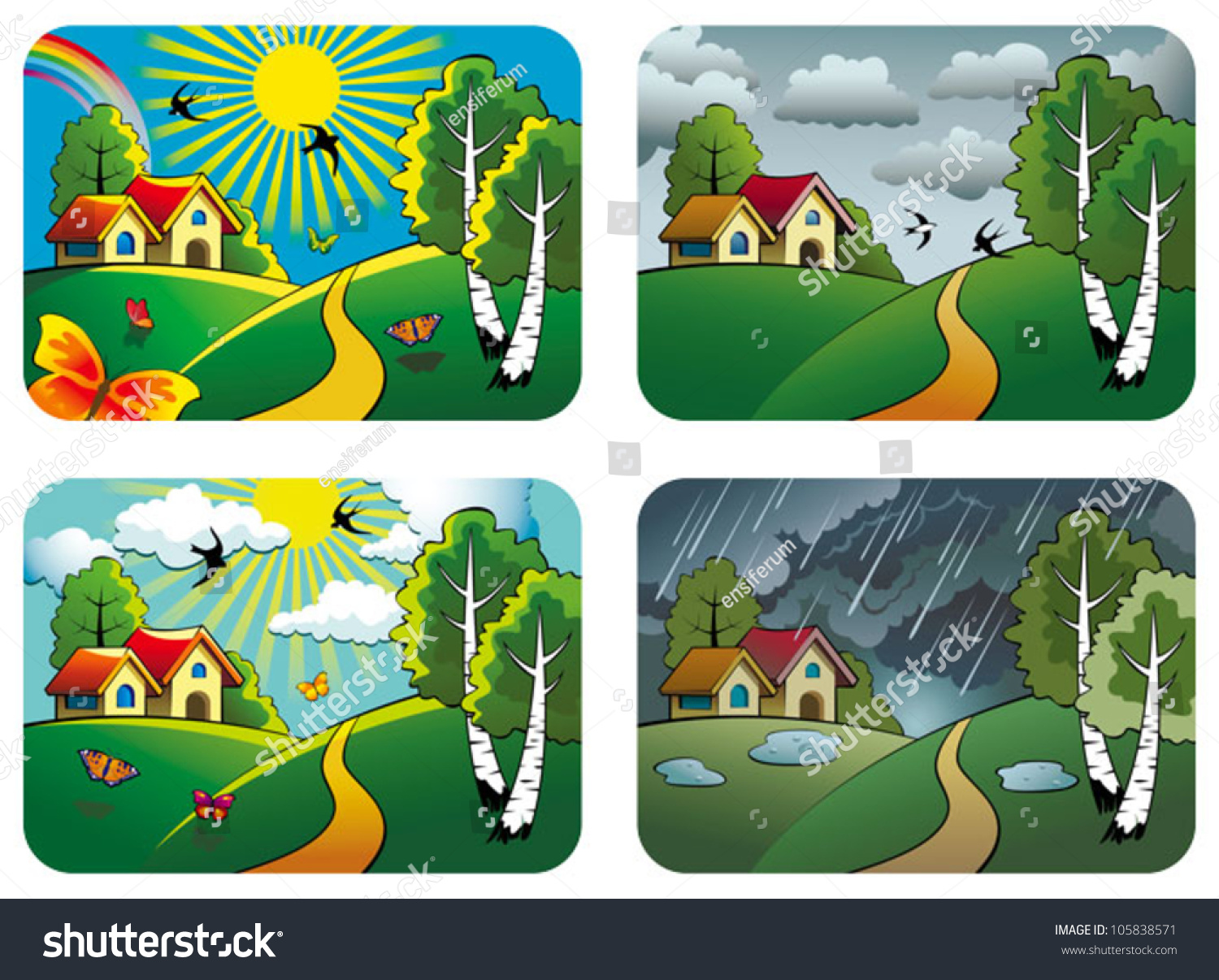 Set Different Weather Landscapes Sunny Cloudy Stock Vector 105838571 ...