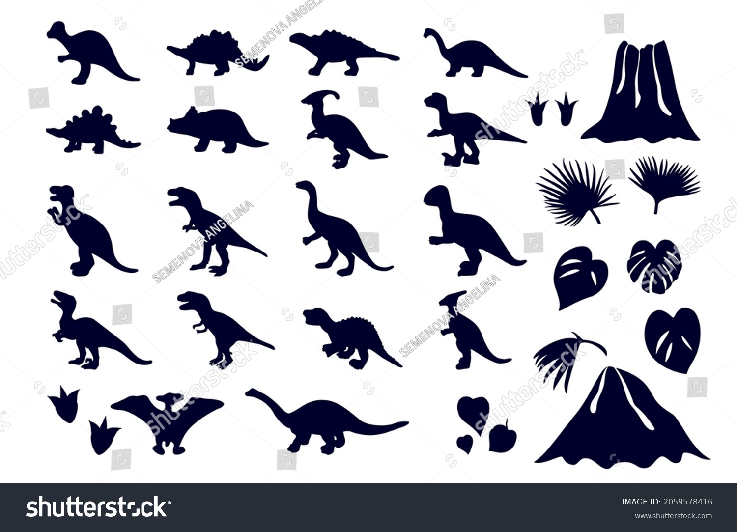 SVG of Set of dinosaur silhouettes, volcano, tropical leaves, footprint. Vector illustration. Template of t shirt print, graphic element svg