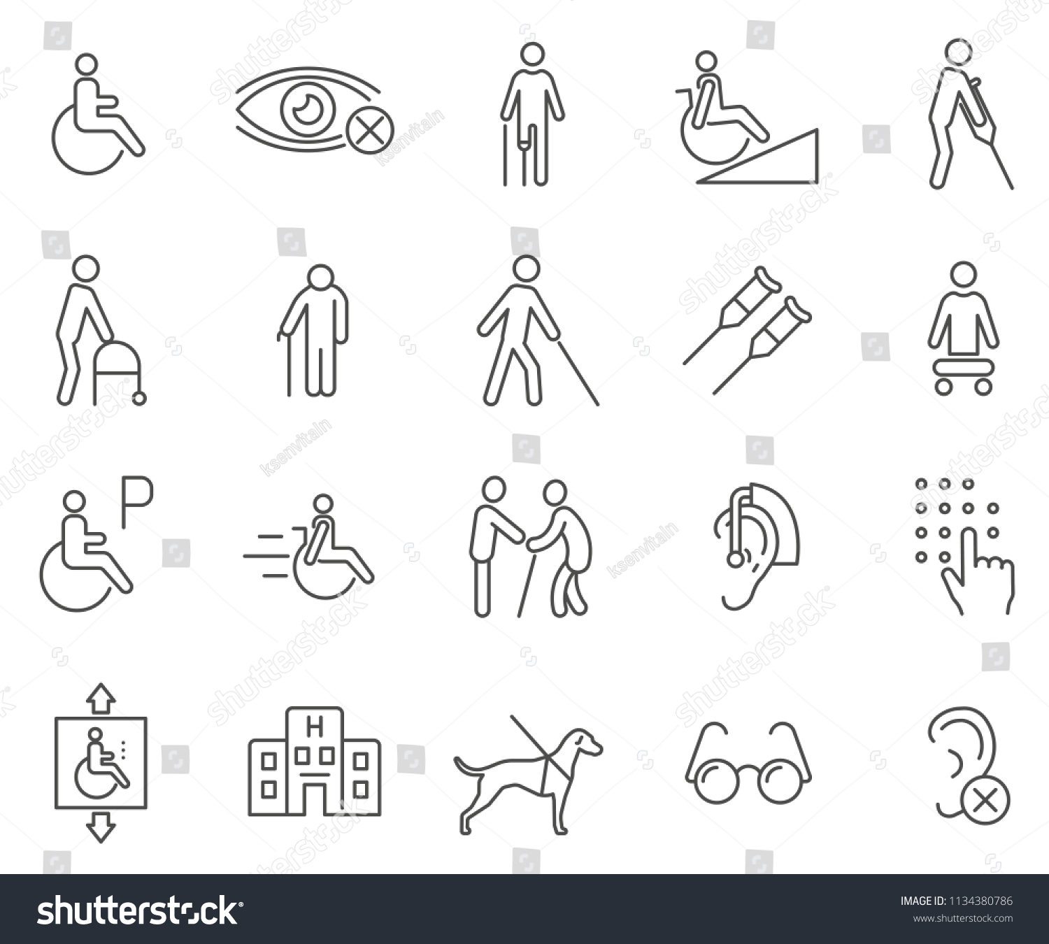 SVG of Set of disability Related Vector Line Icons. Contains such Icons as deaf- blind- dog guide- people living with disabilities- amputee and more. svg