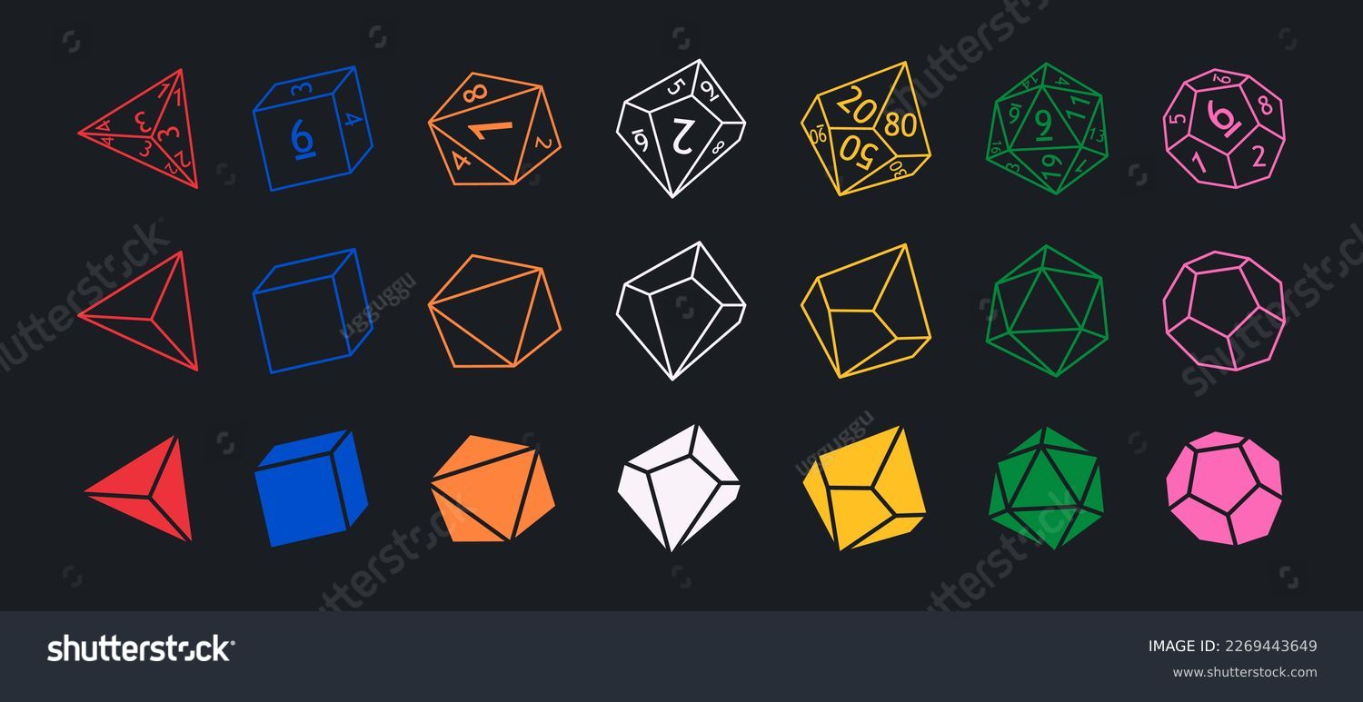 SVG of Set of dnd dice for rpg tabletop games. Collection of polyhedral dices with different sides and colors. D4, d6, d8, d10. Modern vector illustration svg