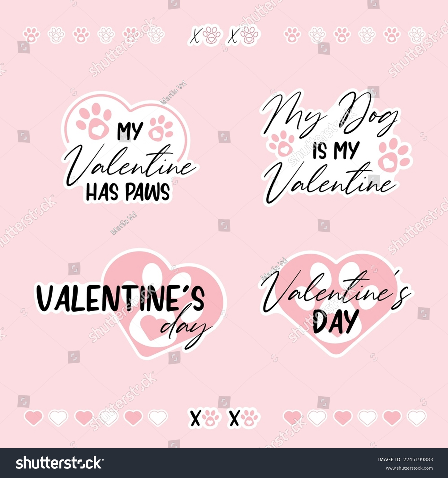 SVG of Set of Dog Valentine stickers with white offset. Xoxo with paws and hearts svg for sublimation on mug or tumbler. Vector puppy love designs. svg