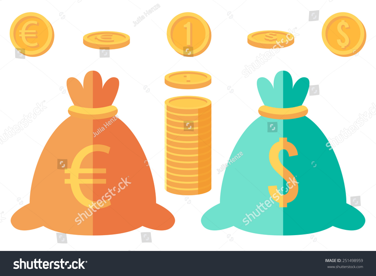 SVG of Set of dollar and euro coins and two money sacks svg