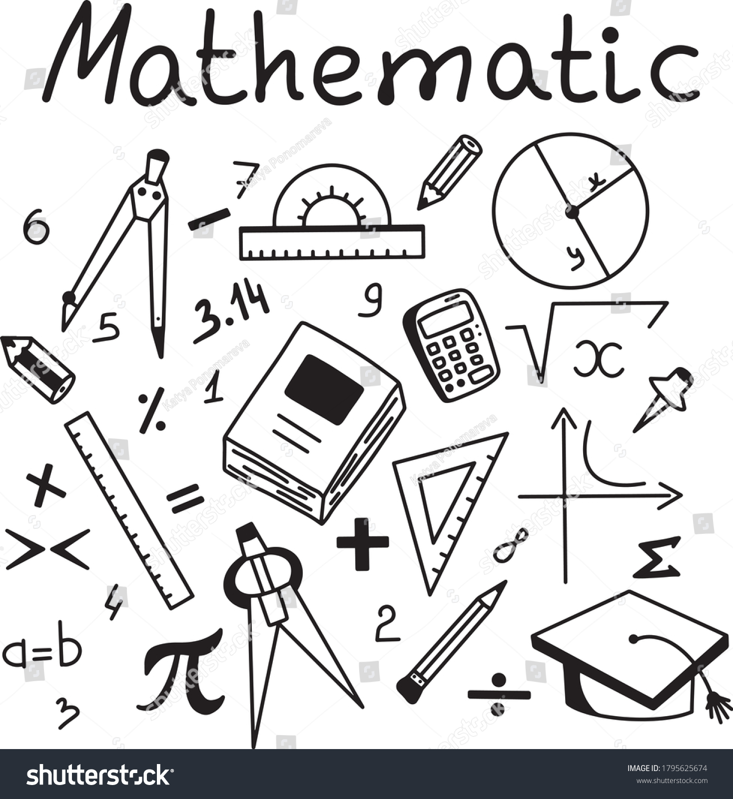 Set Doodles Mathematical Elements Protractor Ruler Stock Vector 