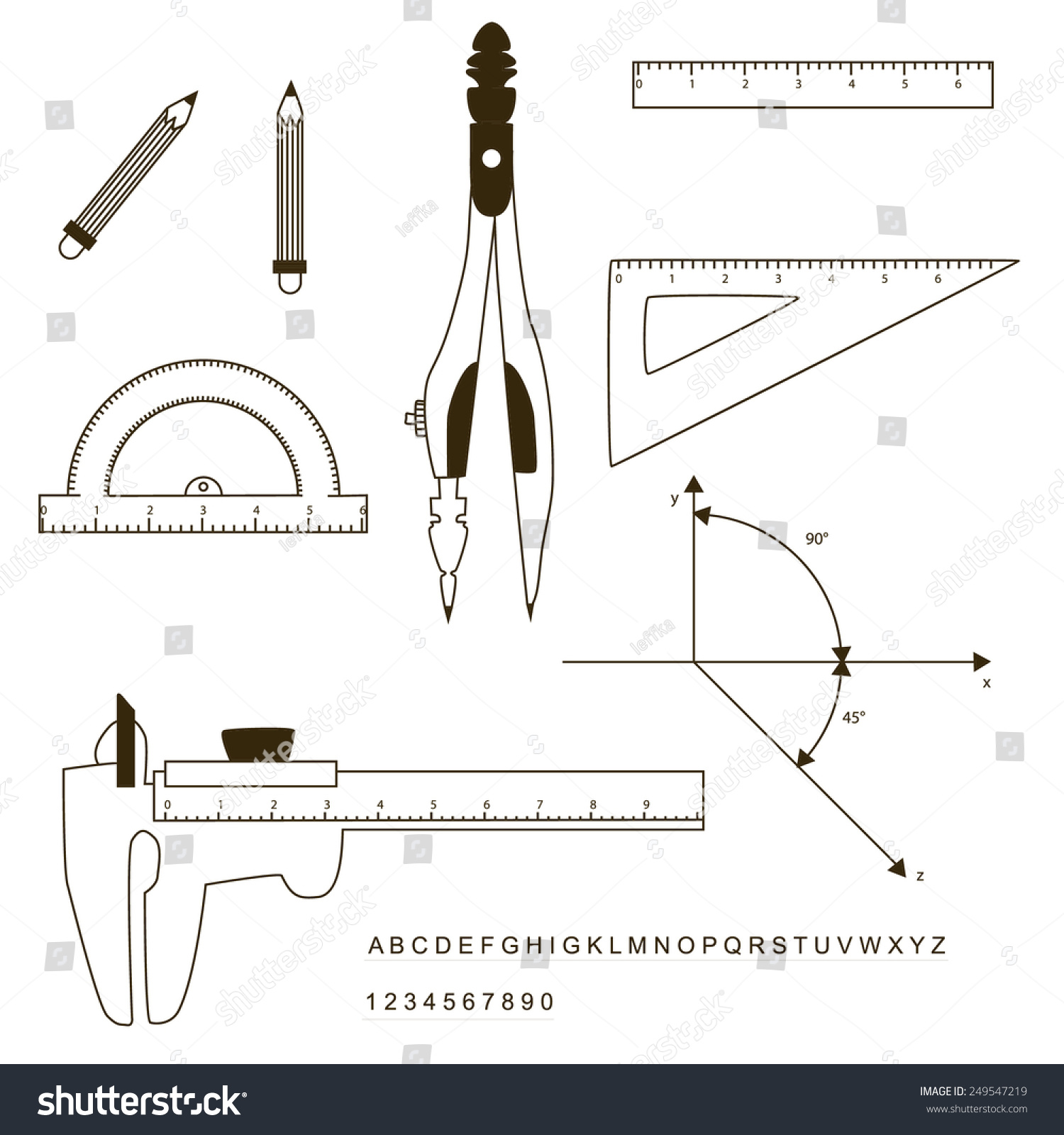 Set Of Drafting Instrument: Pencil, Ruler, Protractor, Compass ...