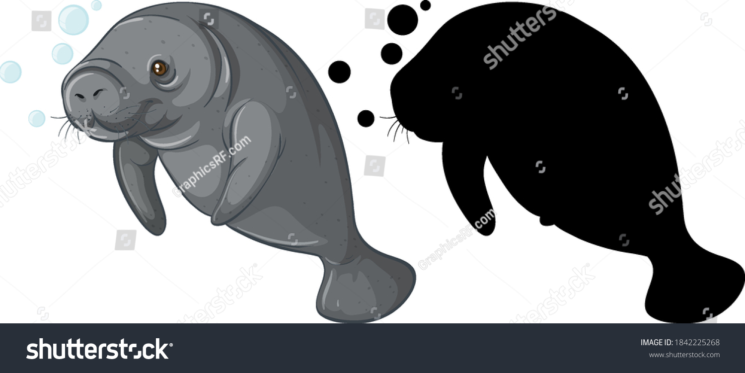 SVG of Set of dugong characters and its silhouette on white background illustration svg