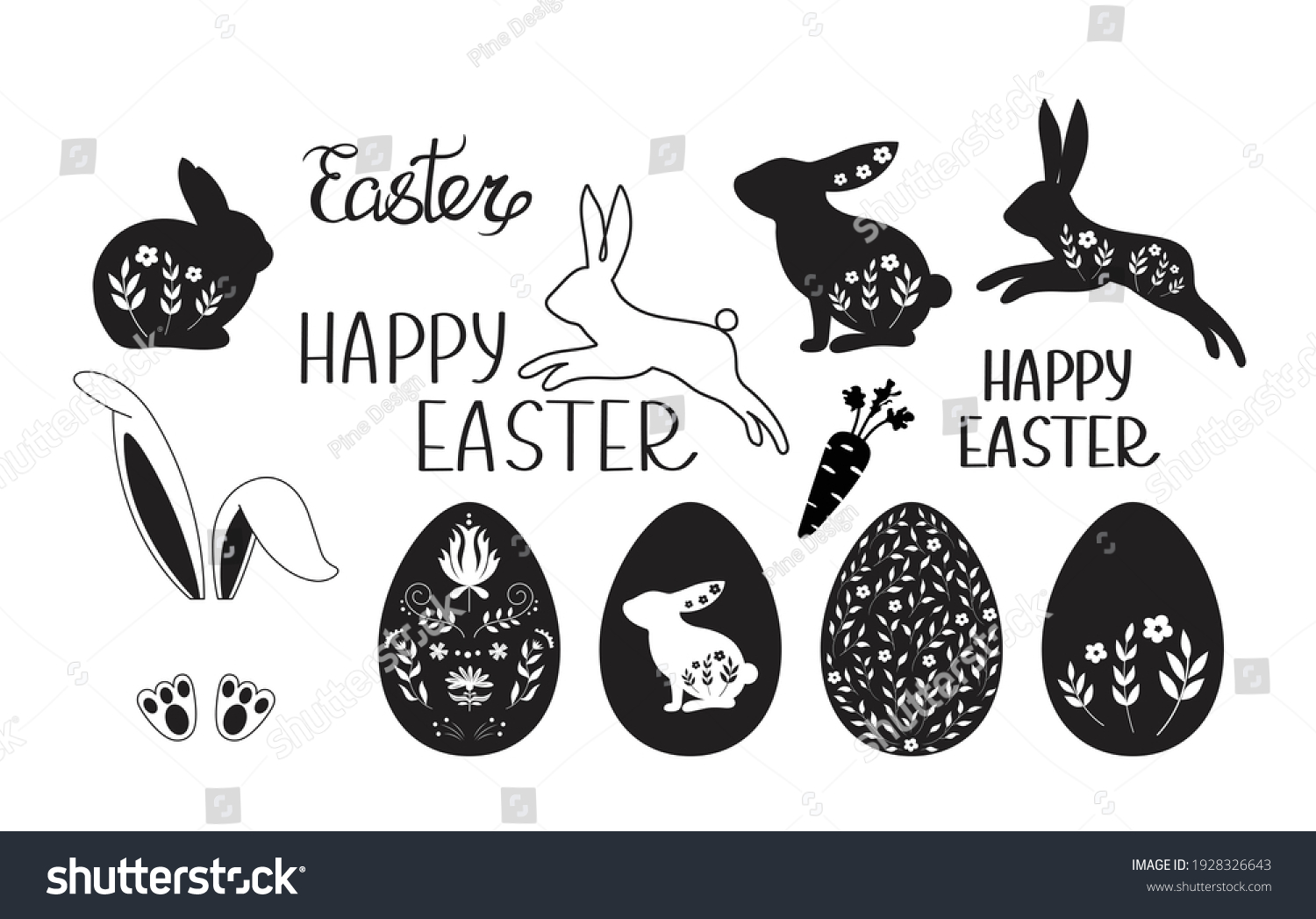 SVG of Set of easter elements vector illustration, Easter eggs, bunny, floral pattern svg