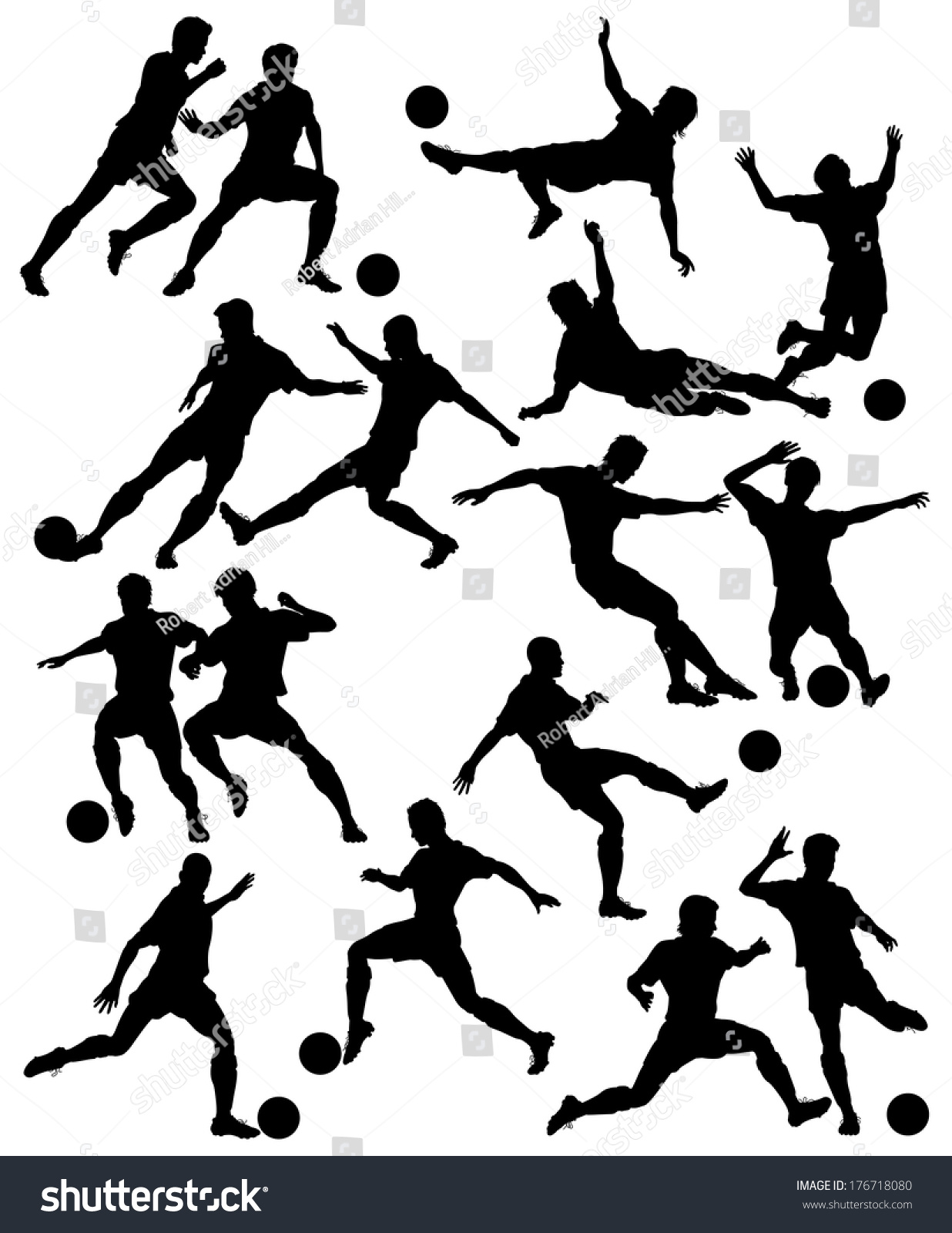 Set Of Editable Vector Silhouettes Of Men Playing Football With All ...