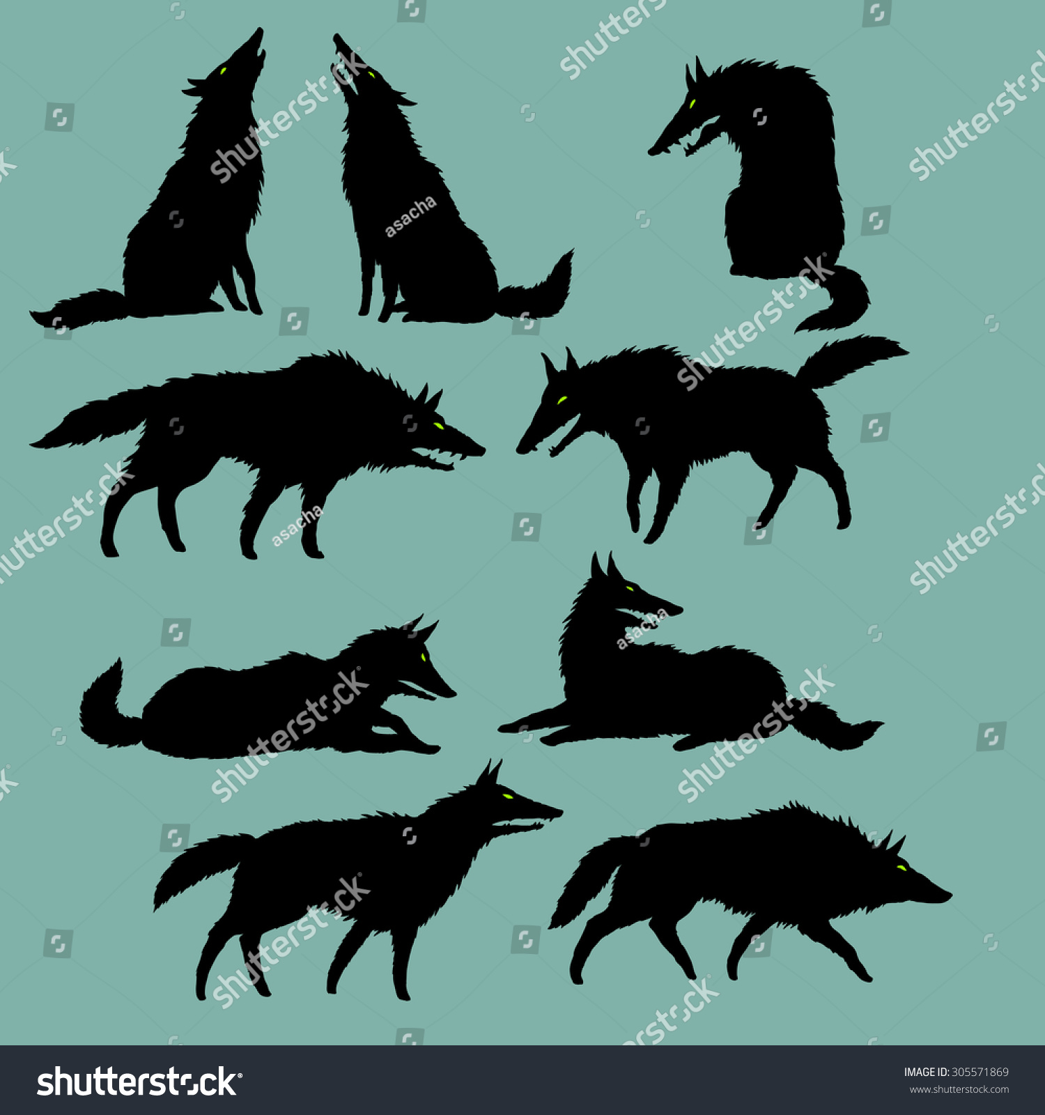 Set Of Editable Vector Silhouettes Of Wolves, Wolf Pack Has A Rest ...