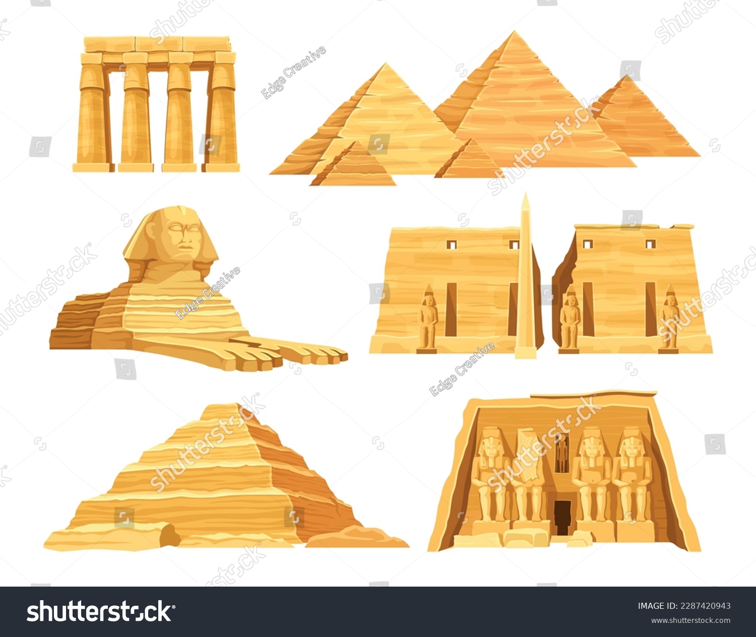 SVG of Set of egyptian architecture. Popular tourist landmark of Egypt. Pyramid of Cheops, Sphinx, tombs, columns and statues. Journey and travel. Cartoon flat vector collection isolated on white background svg