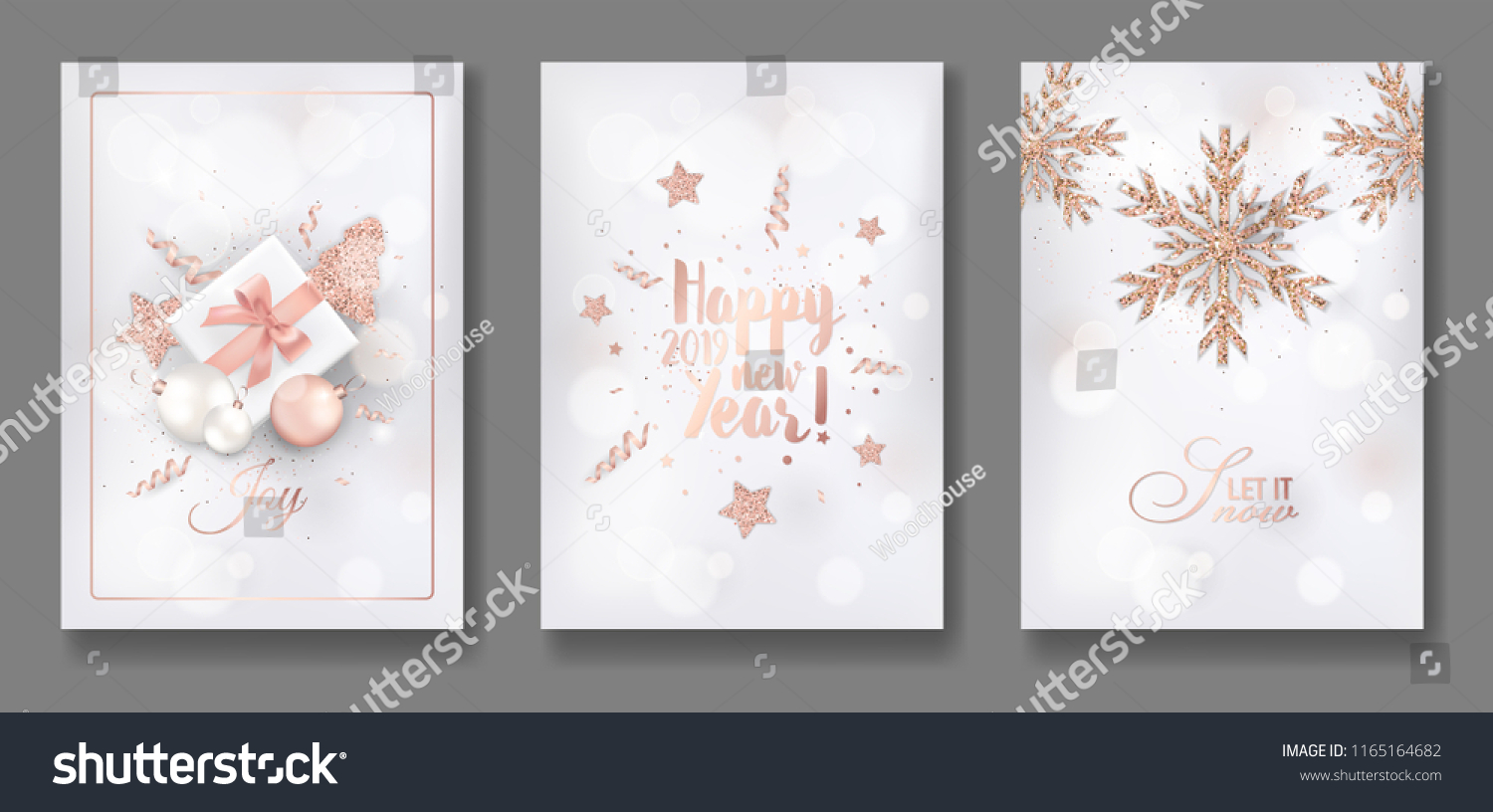 SVG of Set of Elegant Merry Christmas and New Year 2019 Cards with Shining Rose Gold Glitter Christmas Balls, Stars, Snowflakes for greetings, invitation, flyer, brochure, cover in vector svg