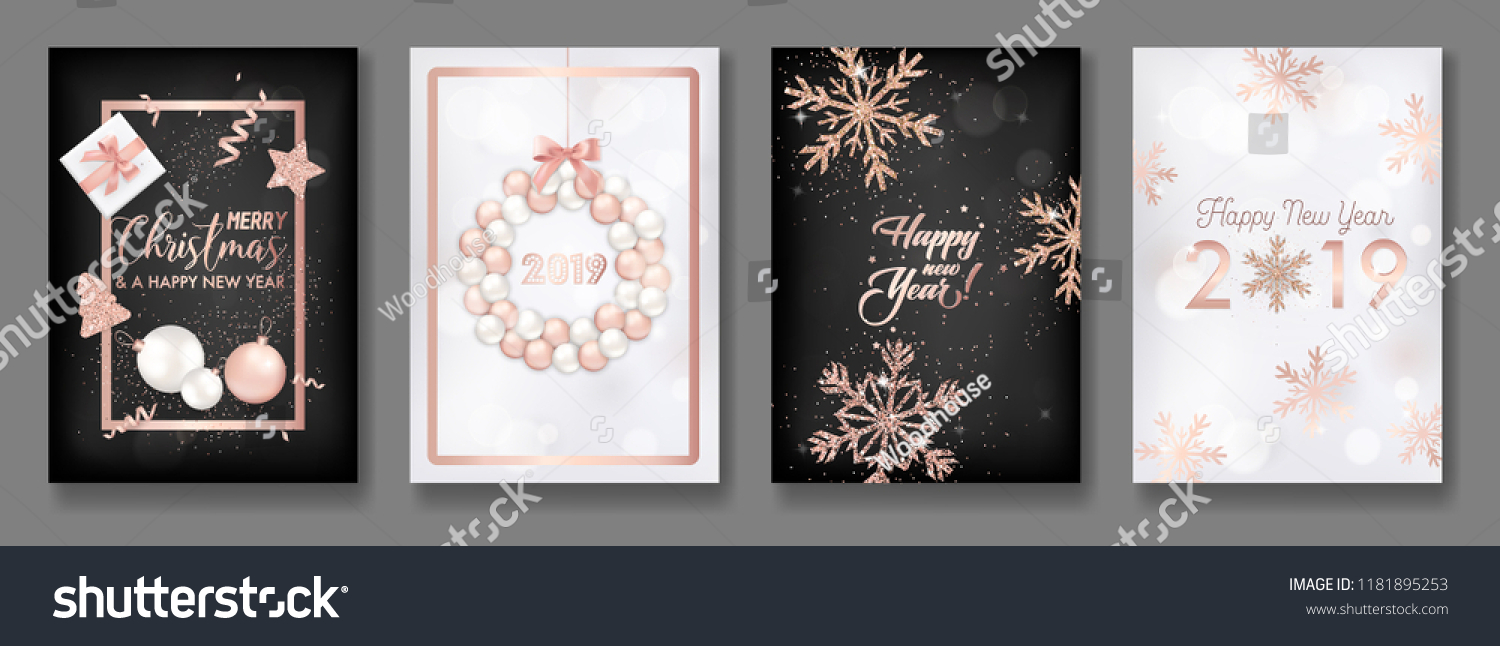SVG of Set of Elegant Merry Christmas and New Year 2019 Cards with Shining Rose Gold Glitter Christmas Balls, Stars, Snowflakes for greetings, invitation, flyer, brochure, cover in vector svg