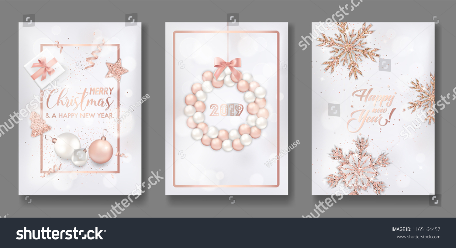 SVG of Set of Elegant Merry Christmas and New Year 2019 Cards with Shining Rose Gold Glitter Xmas Balls, Stars, Snowflakes for greetings, invitation, flyer, brochure, cover in vector svg