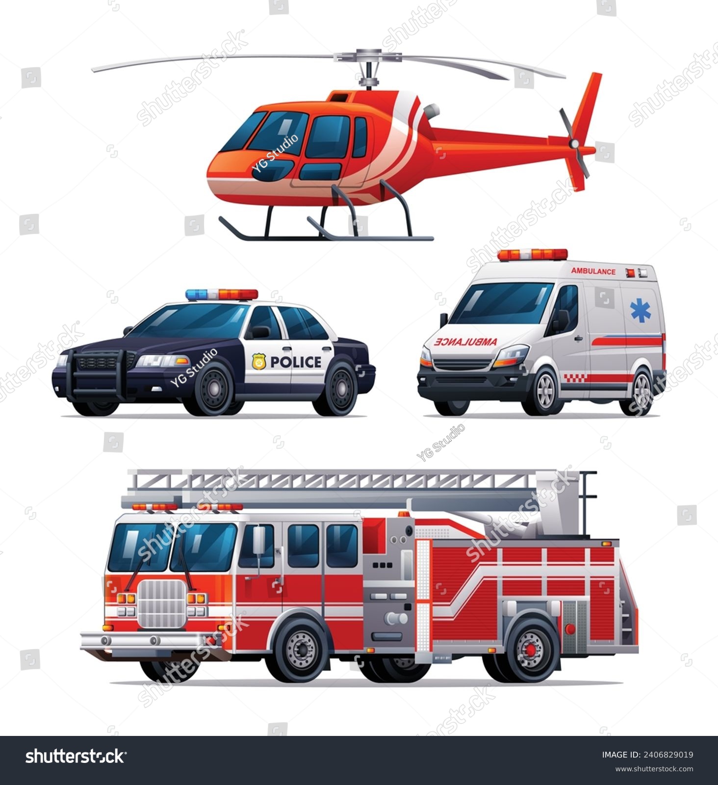 SVG of Set of emergency vehicles. Police car, ambulance, fire truck and helicopter. Official emergency service vehicles vector illustration svg