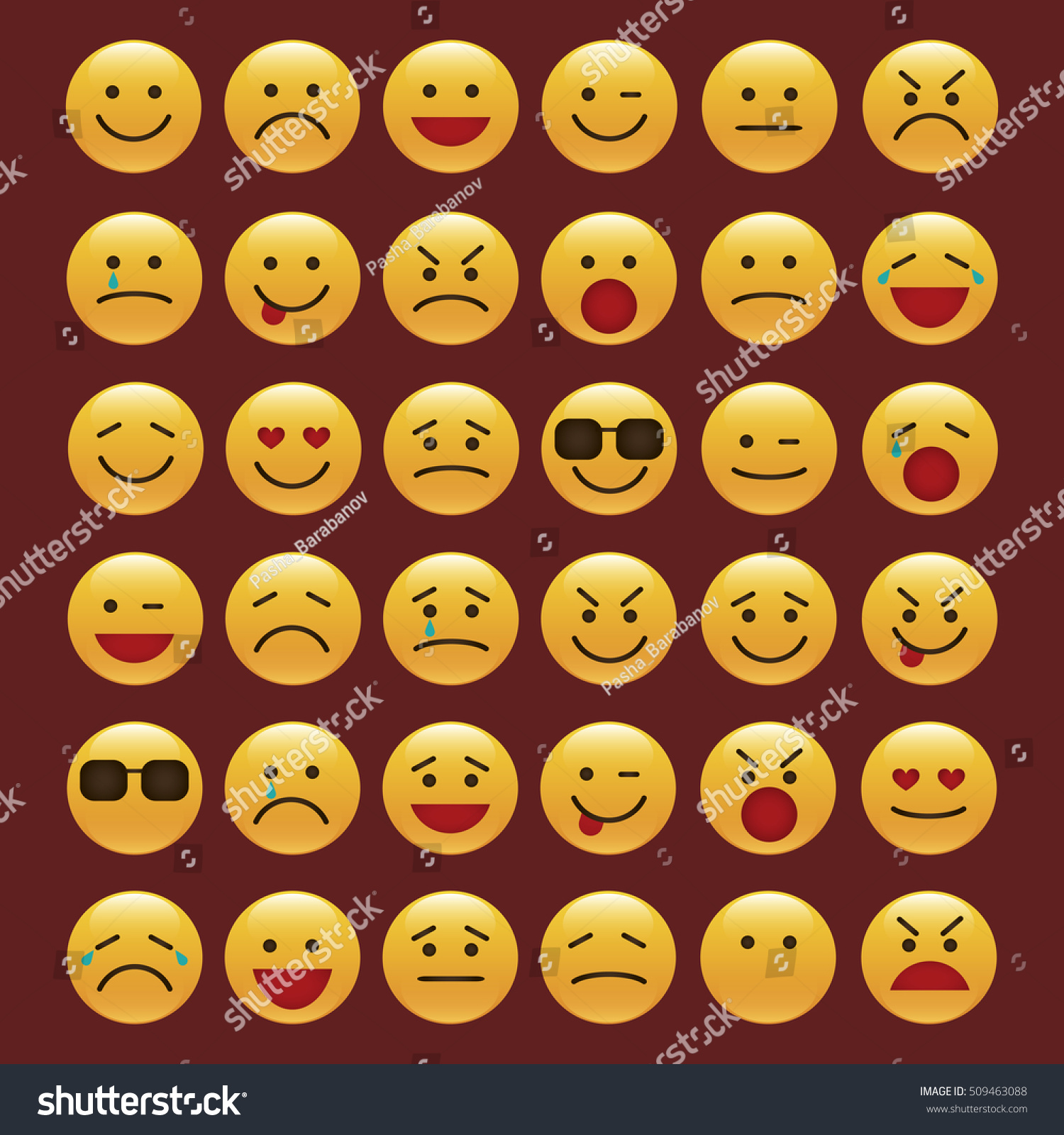 Set Of Emoticons, Smileys Icon Pack, Emoji Isolated On Red Background