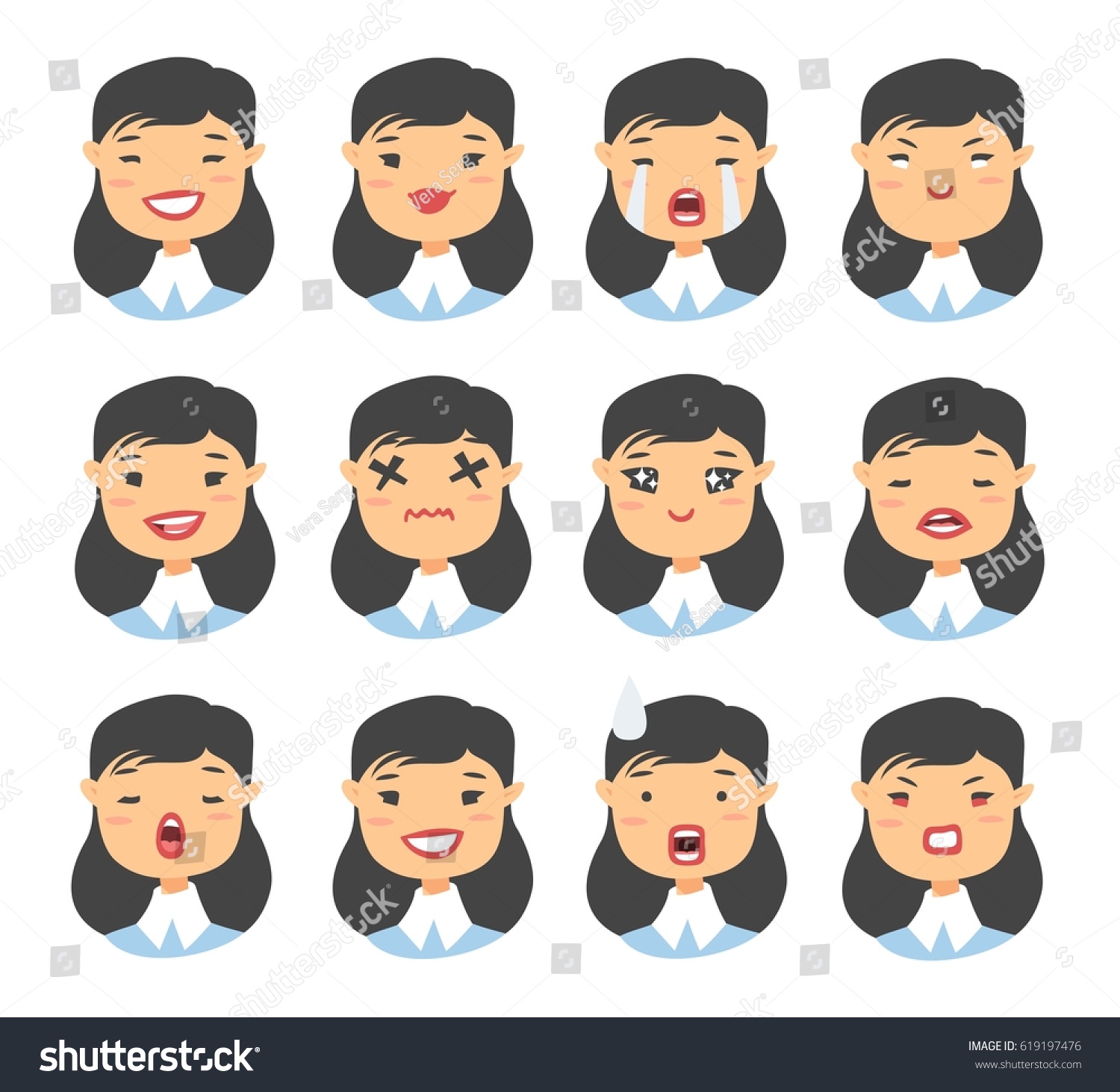 Set Emotional Asian Characters Cartoon Style Stock Vector 619197476 ...