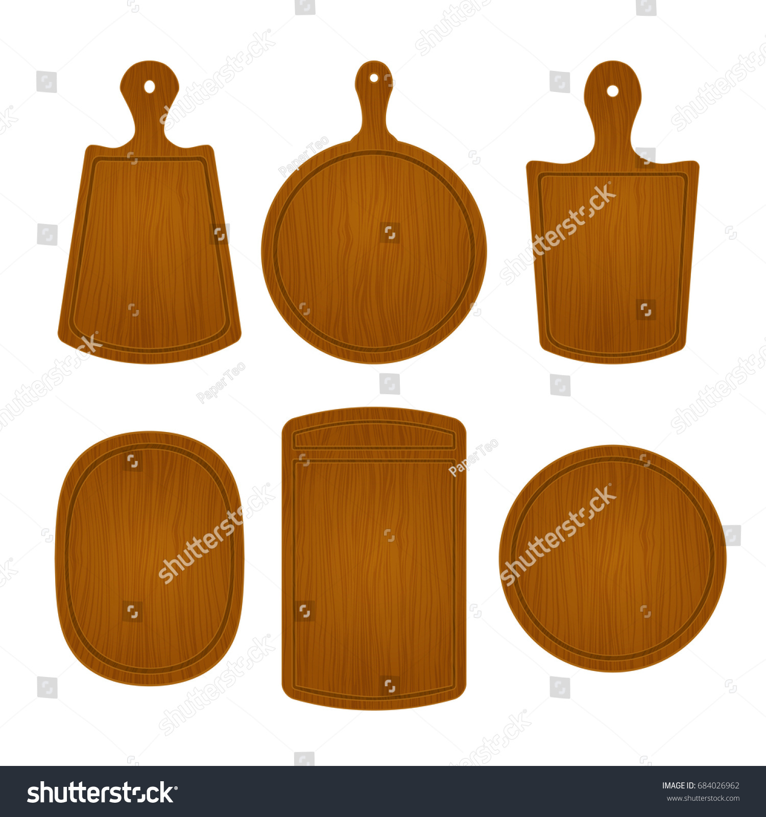 SVG of Set of empty wooden cutting boards in different shapes isolated on white background. Vector illustration of kitchen object. Template for menu, cafe or restaurant svg