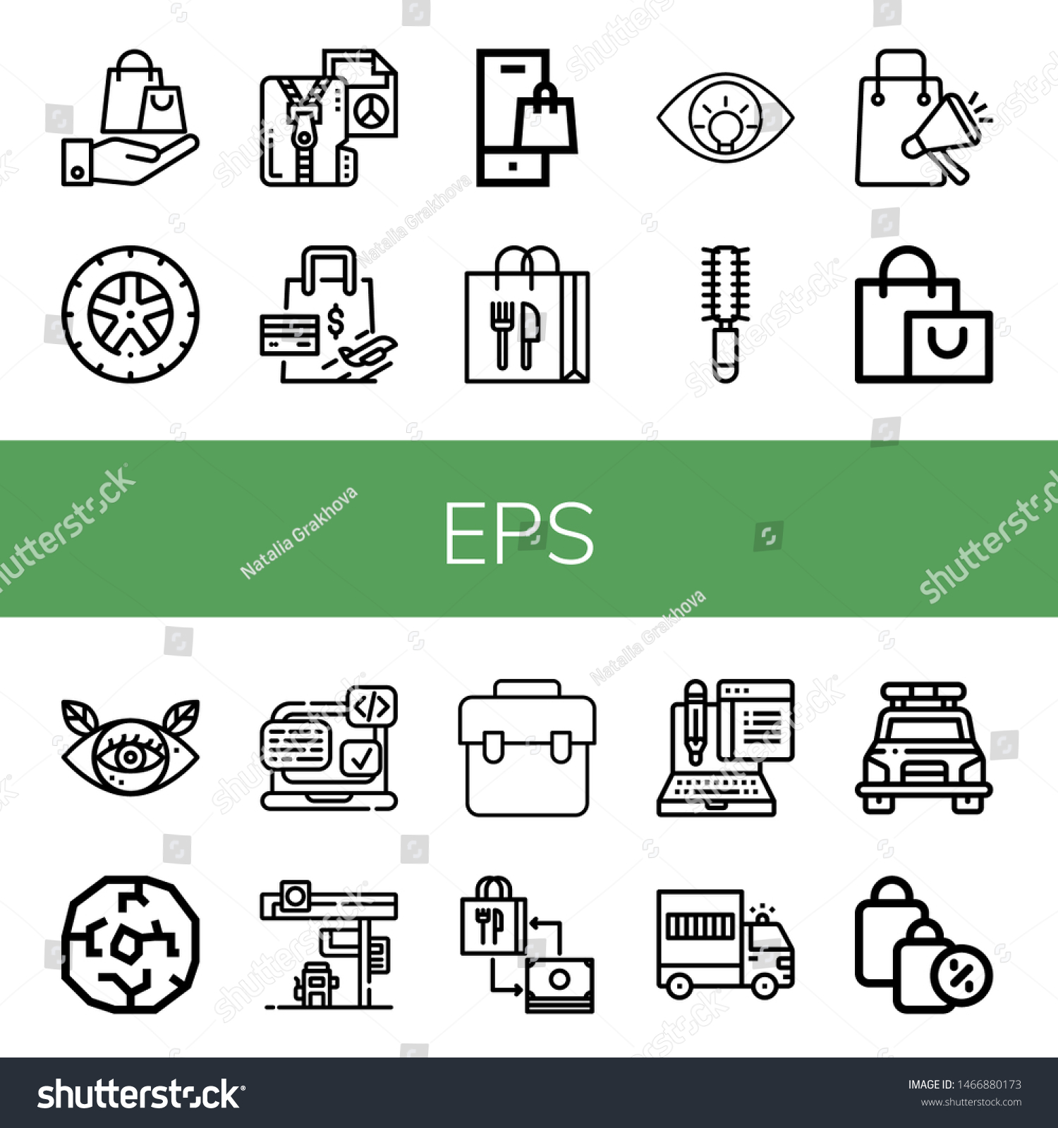 SVG of Set of eps icons such as Shopping bag, Wheel, Compressed file, Eye, Hair brush, Svg, Gas station, Bag, Typing, Prisoner transport vehicle, Police car , eps svg