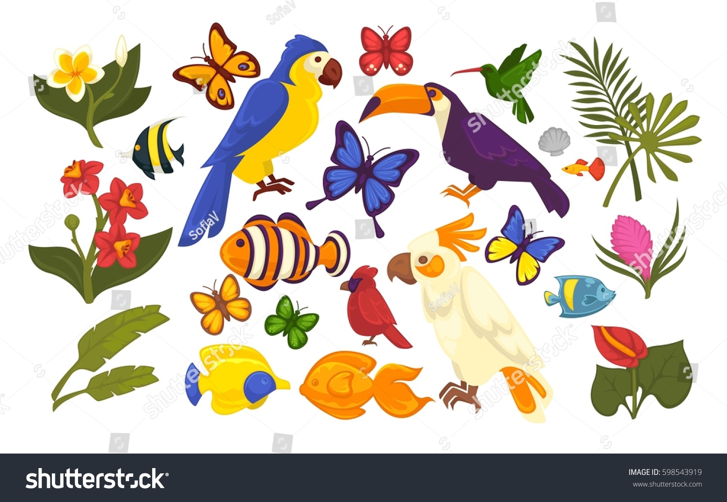 Set Exotic Flora Fauna Cartoon Style Stock Vector 598543919 - Shutterstock