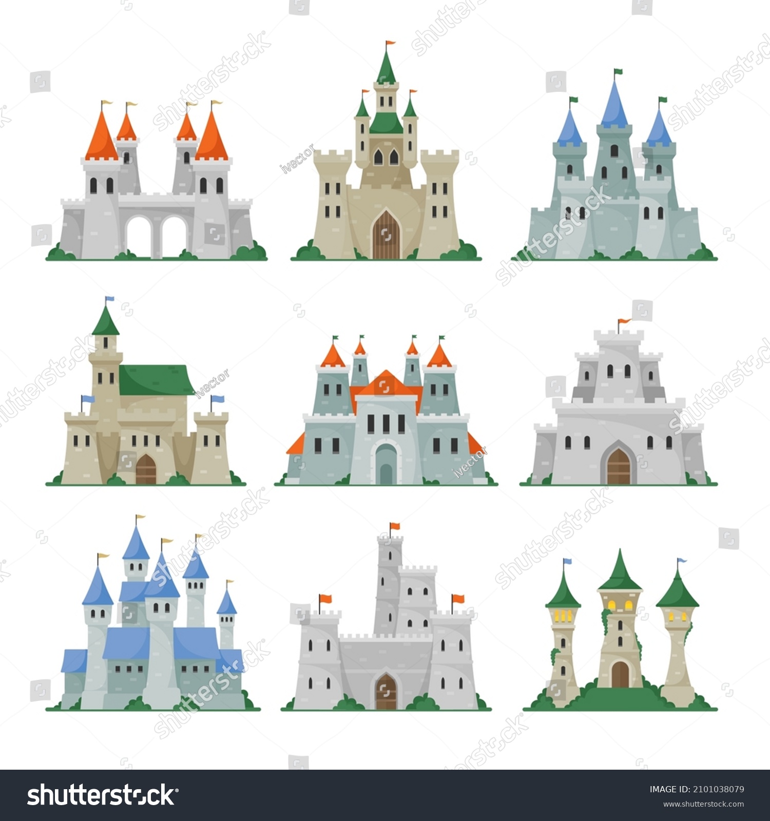 SVG of Set of Fairytale Castles, Medieval Towers, Fantasy Palace Buildings in Fairyland Kingdom . Fabulous Historical Bastion, Fortress Construction Isolated on White Background. Cartoon Vector Illustration svg