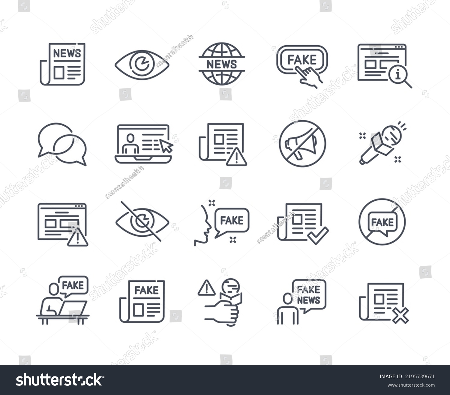 SVG of Set of Fake News Related Line Icons. False information in newspapers, propaganda on social media and disinformation on internet or on web. Cartoon flat vector collection isolated on white background svg