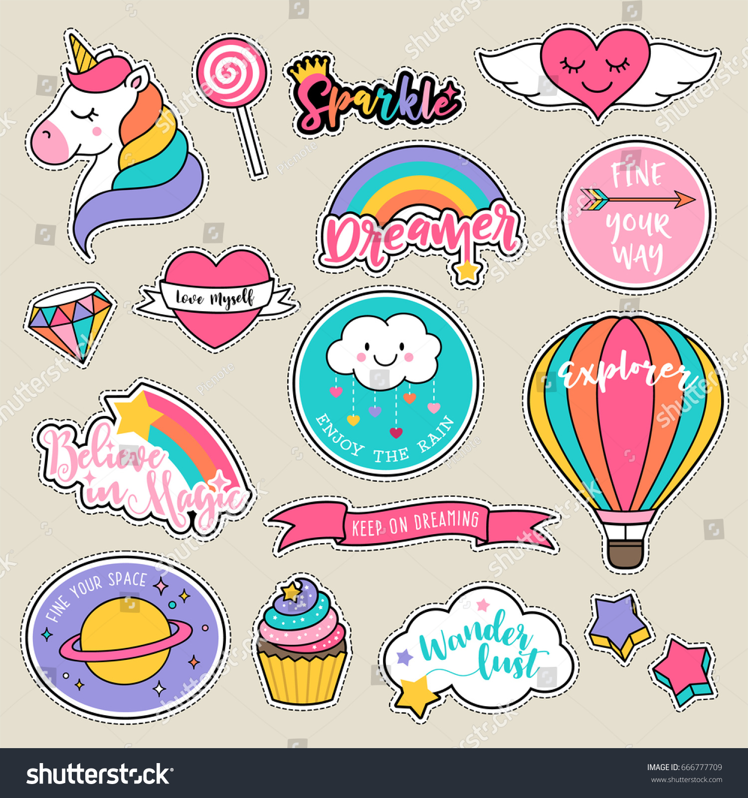 Set of fashion patches cute colorful badges fun cartoon icons design vector