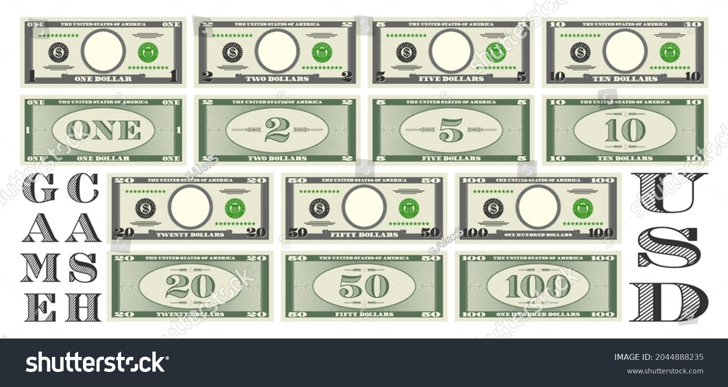 SVG of Set of fictional game paper money in the style of US dollars. Gray obverse and green reverse of banknotes with denominations of one, two, five, ten, 20, 50 and 100. Empty round in center svg
