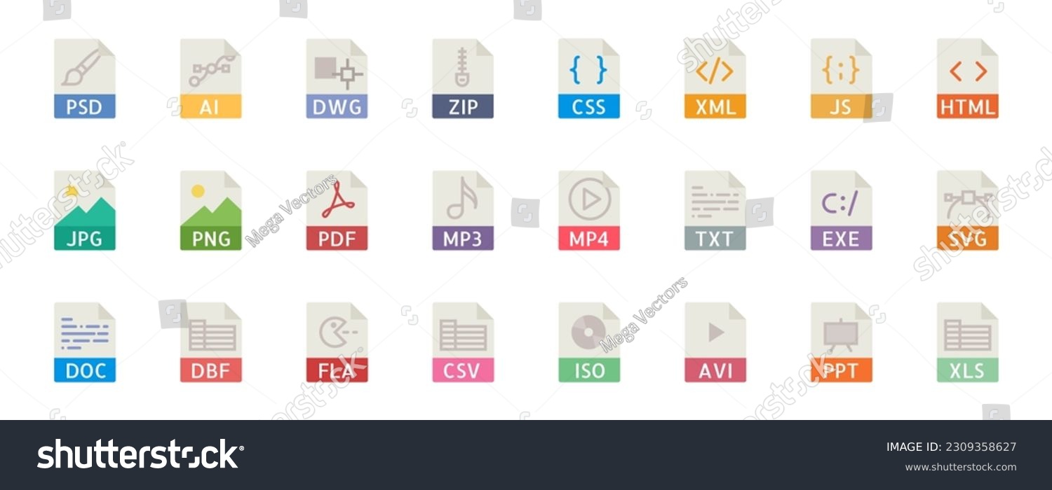 SVG of Set of file type icon set pack, all file type extension icon including programming file types svg