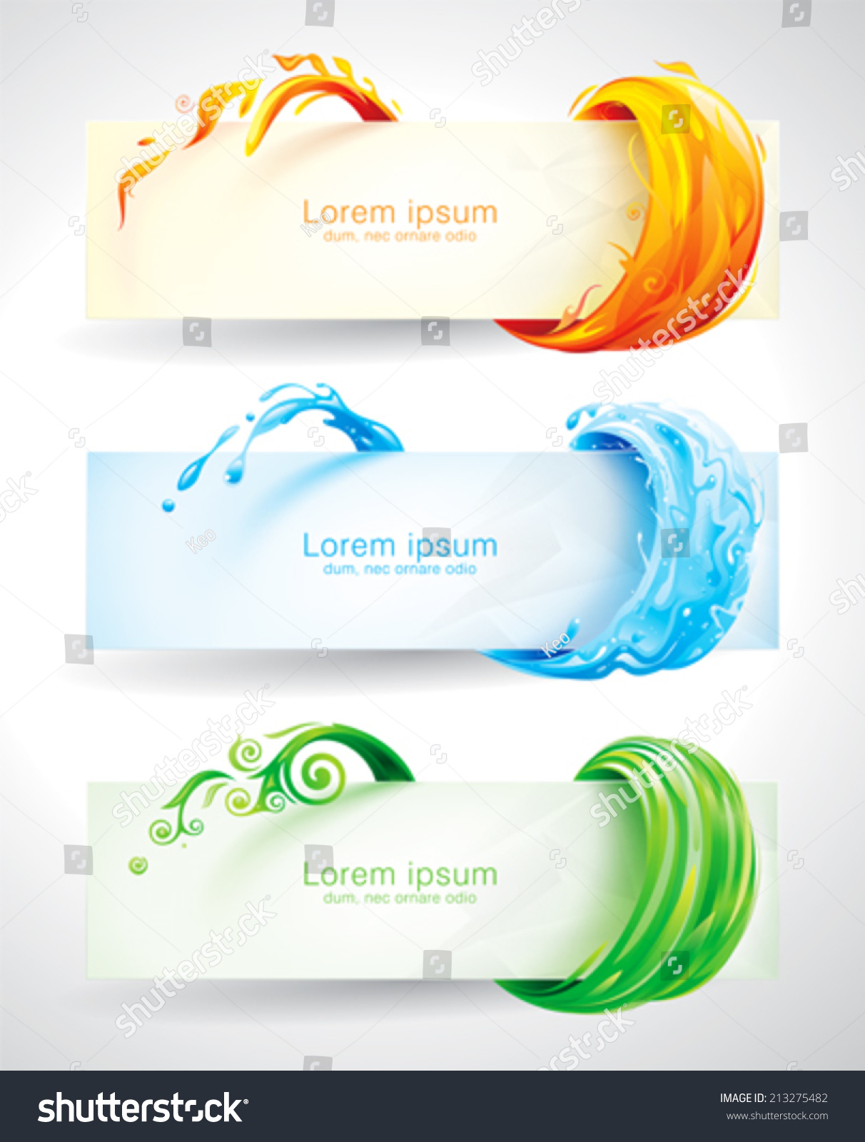 Set Fire Water Green Elements Banner Stock Vector 