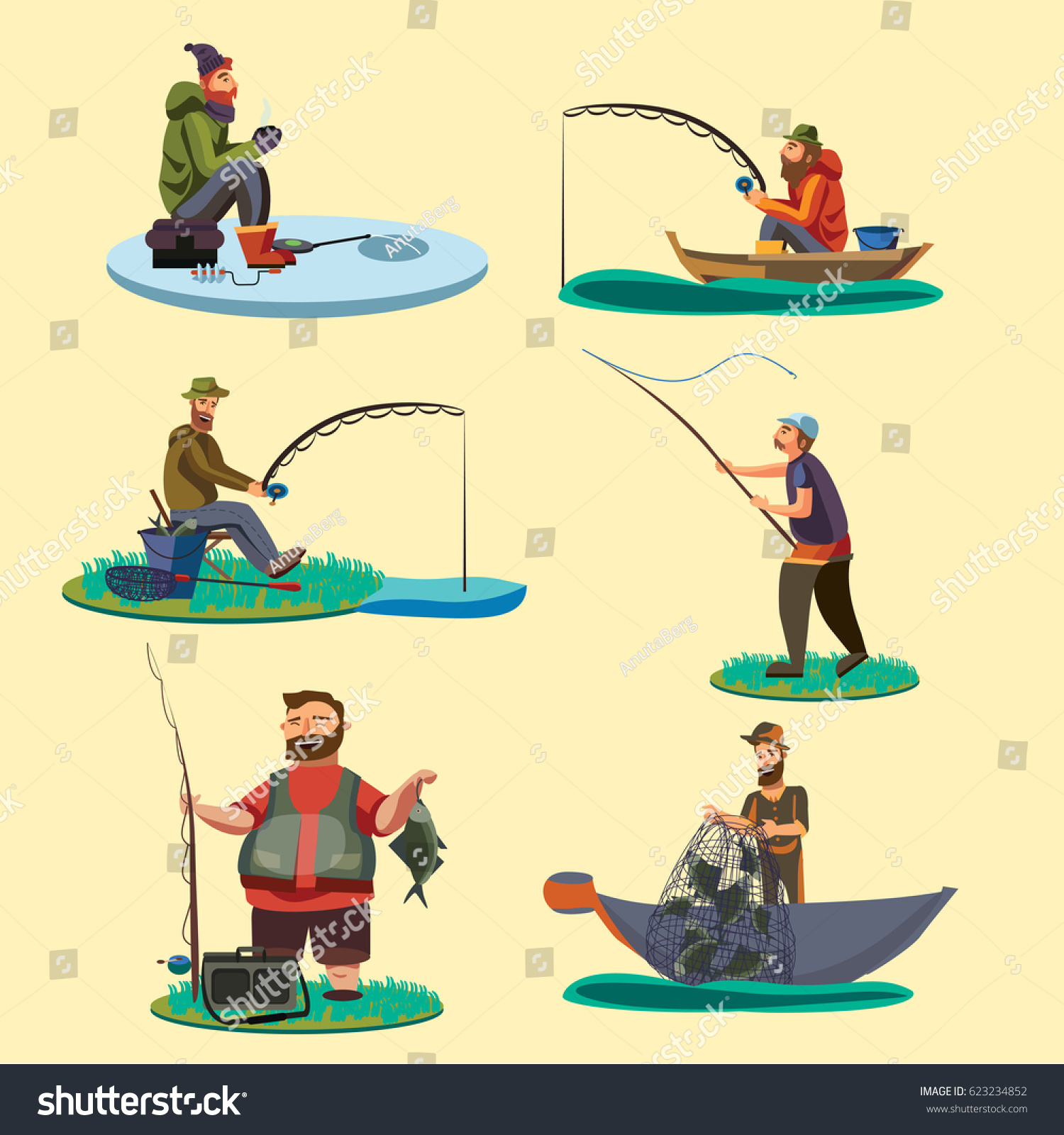 Download Set Fisherman Catches Fish Sitting On Stock Vector ...