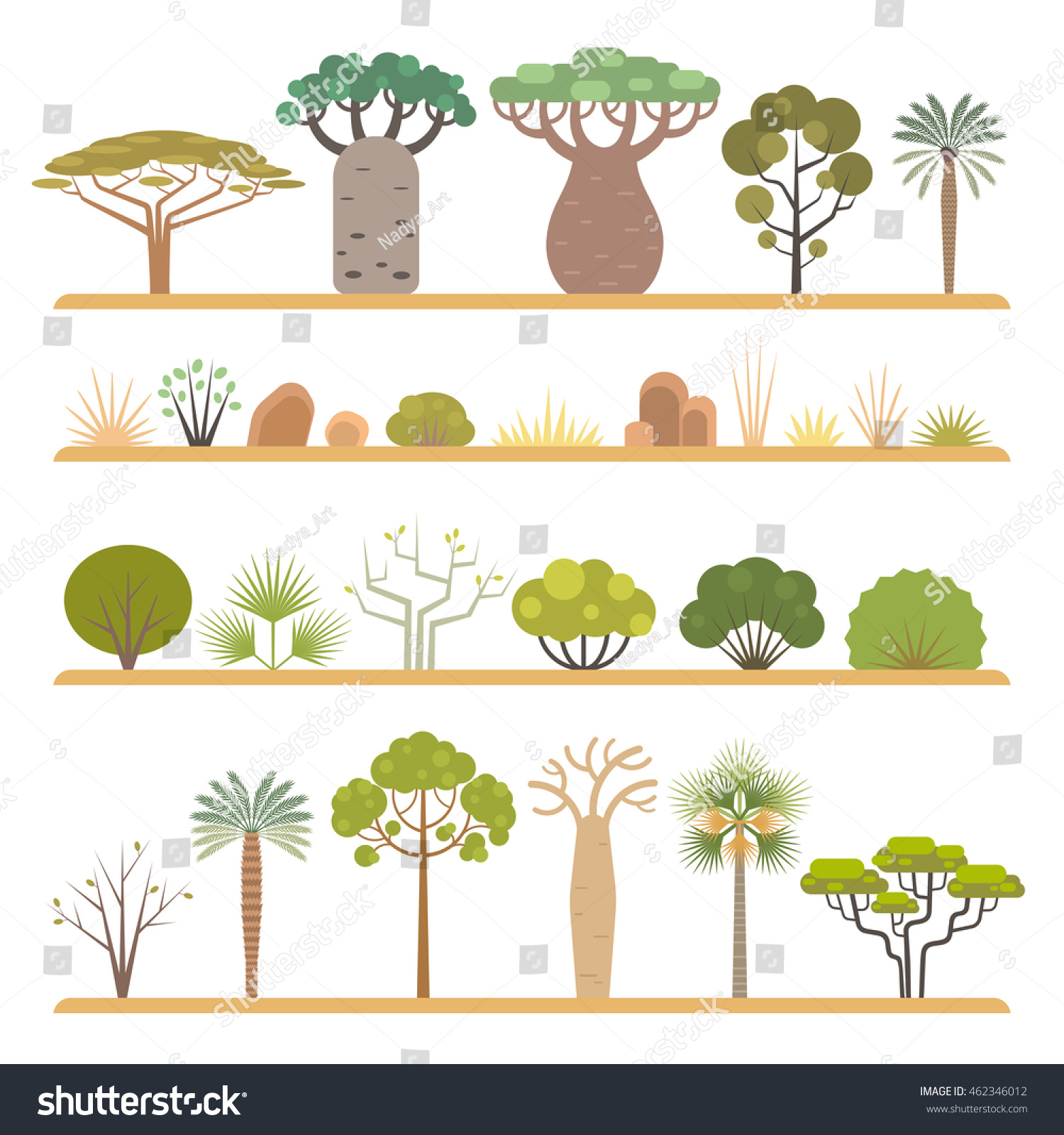 SVG of Set of flat African flora elements: different types of trees, grass and bushes, isolated on white background. svg