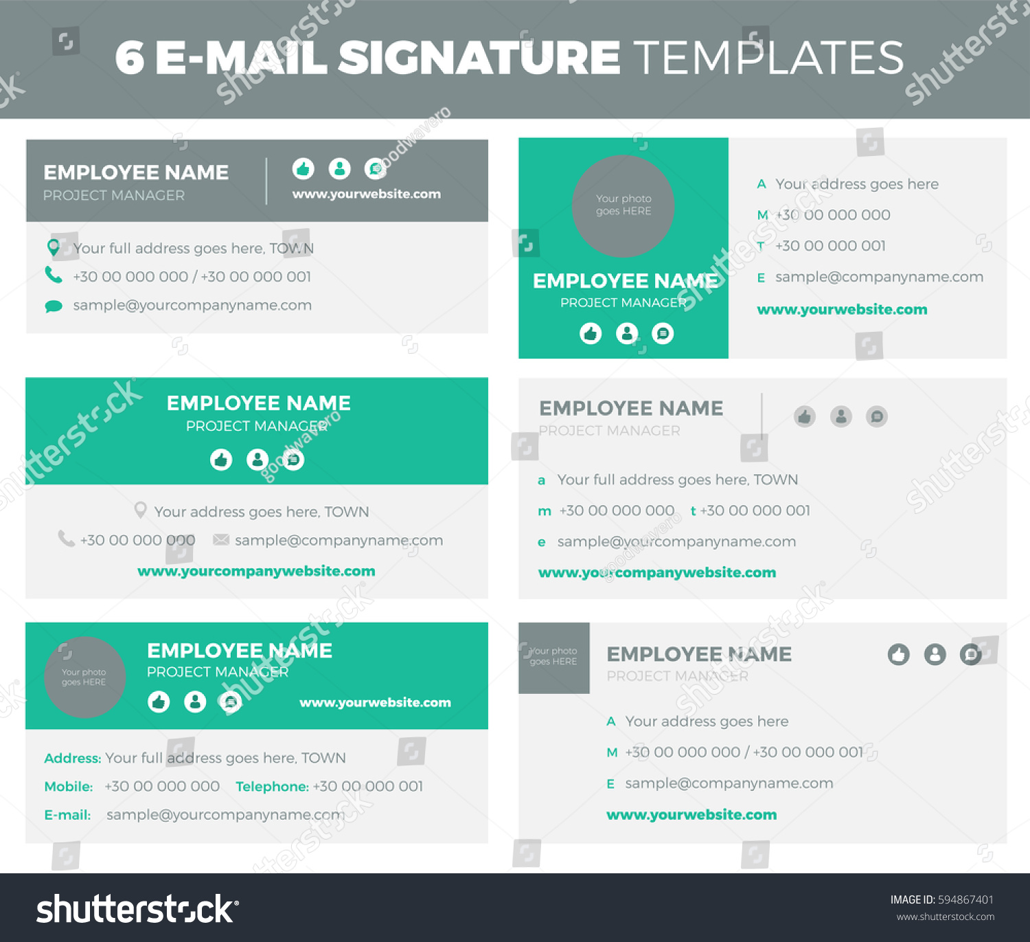 Set 6 Flat Modern Email Signature Stock Vector 594867401 Shutterstock Modern Email Signature Templates