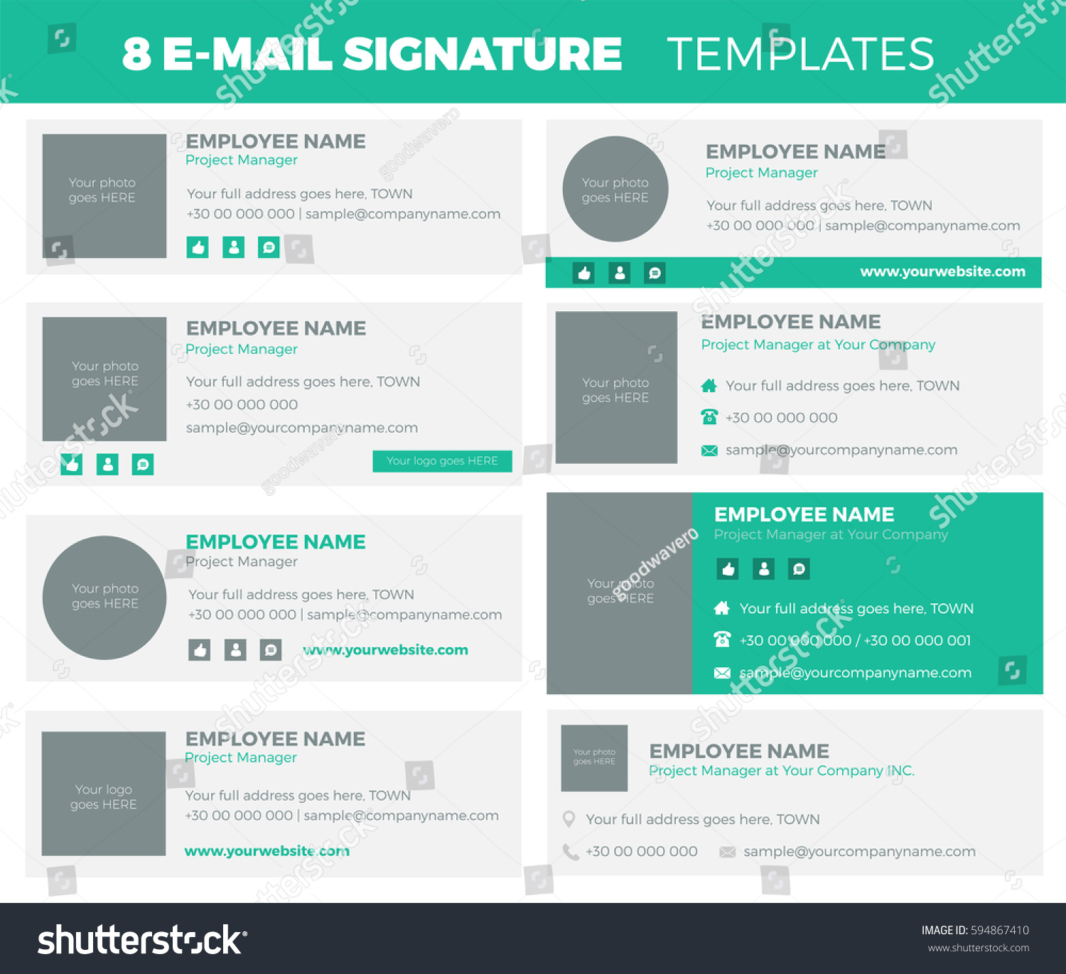 Set 8 Flat Modern Email Signature Stock Vector 594867410 Shutterstock Modern Email Signature Templates