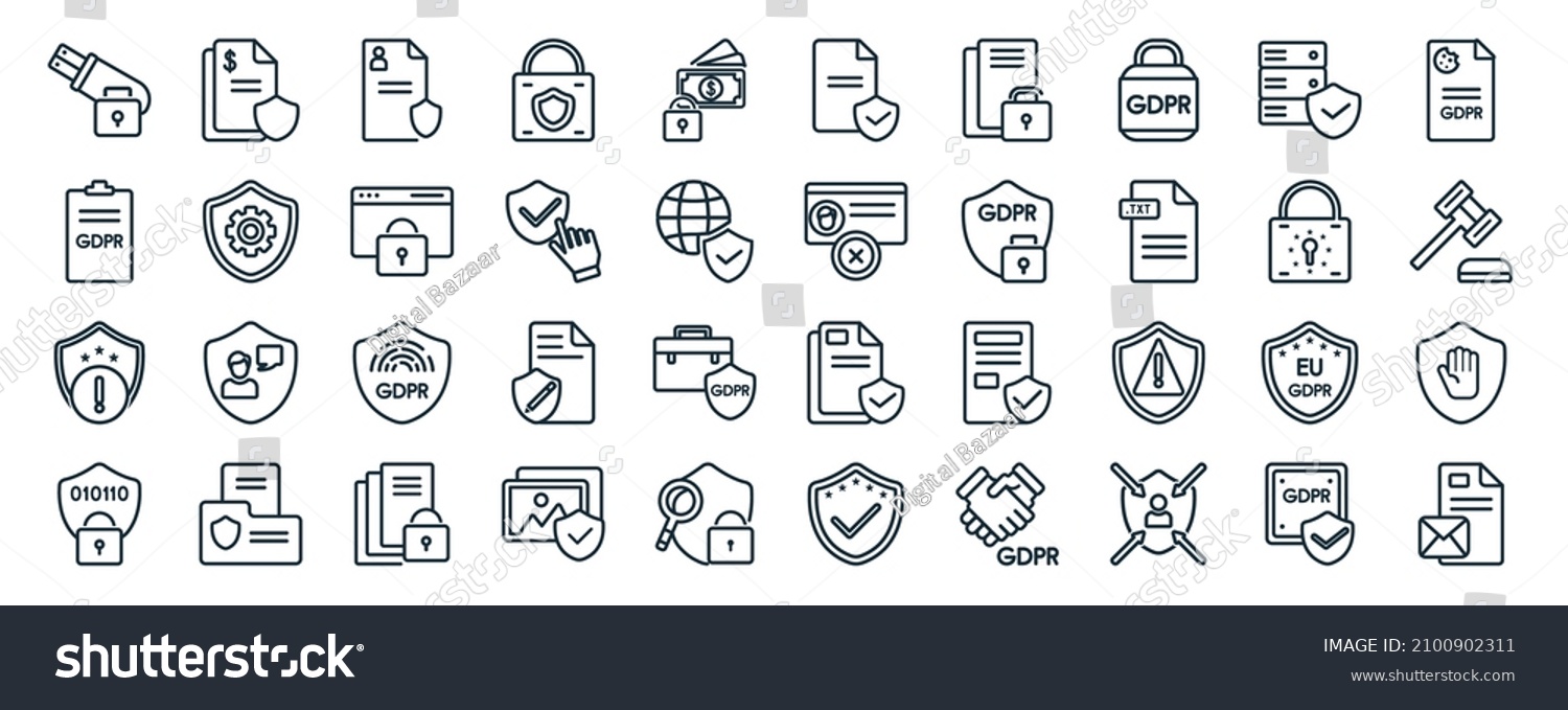 SVG of set of 40 flat gdpr web icons in line style such as penalty, information, alert, encryption, lock, cookie, child consent icons for report, presentation, diagram, web design svg