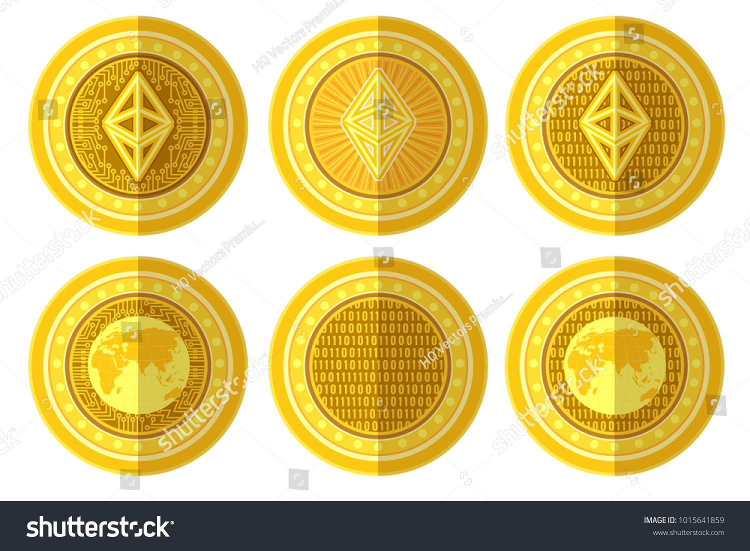 SVG of Set of flat golden coin with bit coin ethereum sign back and front side. Vector Illustration isolated on white background svg