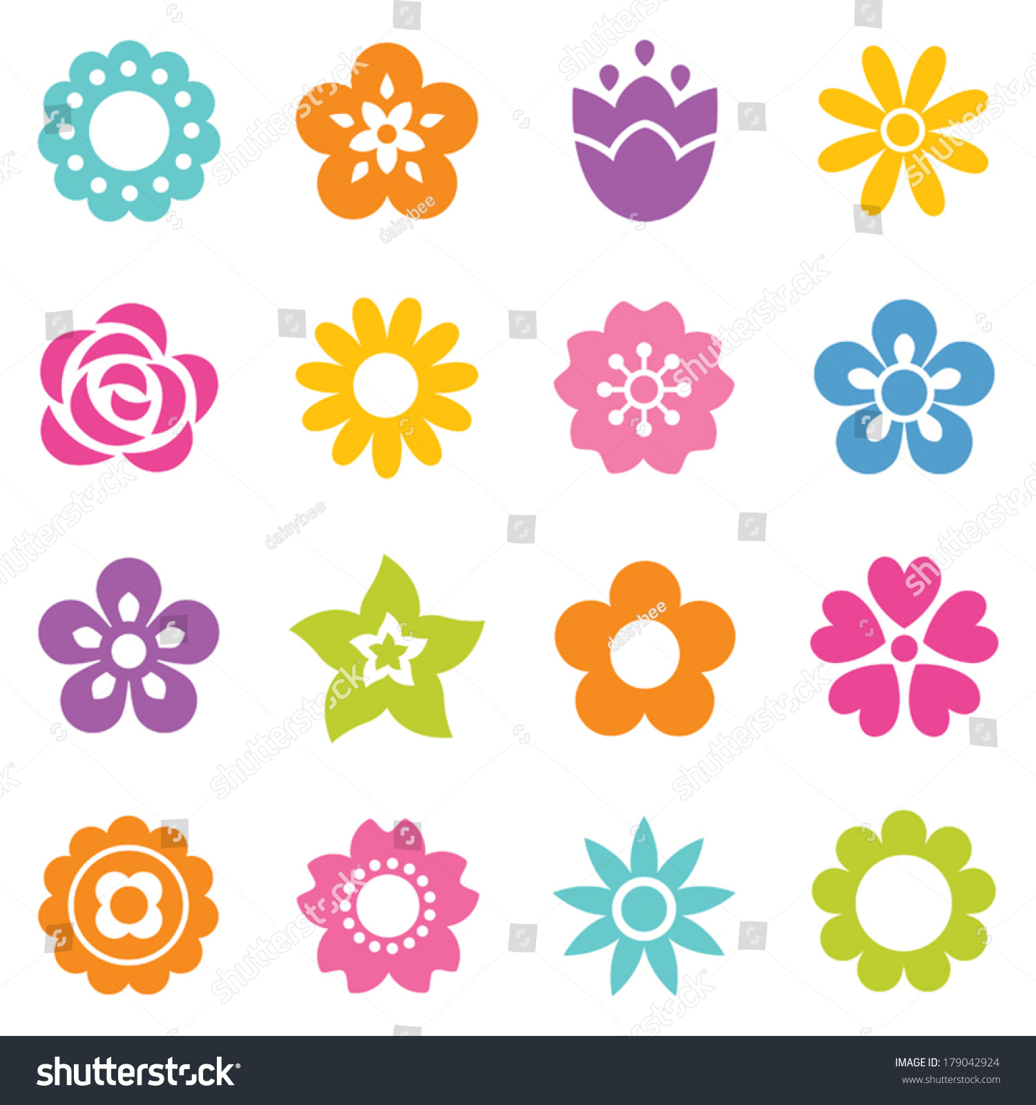 stock vector set of flat icon flower icons in silhouette isolated on white cute retro design in bright colors 179042924