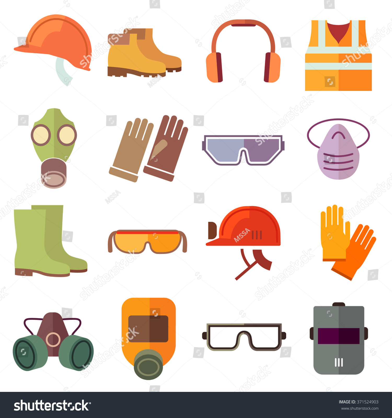 Set Of Flat Job Safety Equipment Icons With Helmet Industrial, Headgear ...