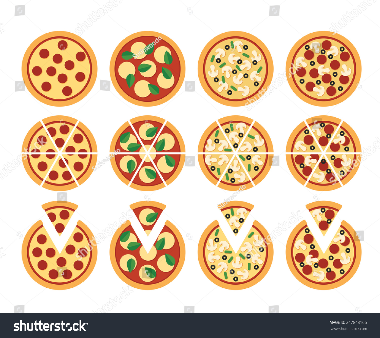 Set Of Flat Pizza Icons Isolated On White Stock Vector Illustration ...