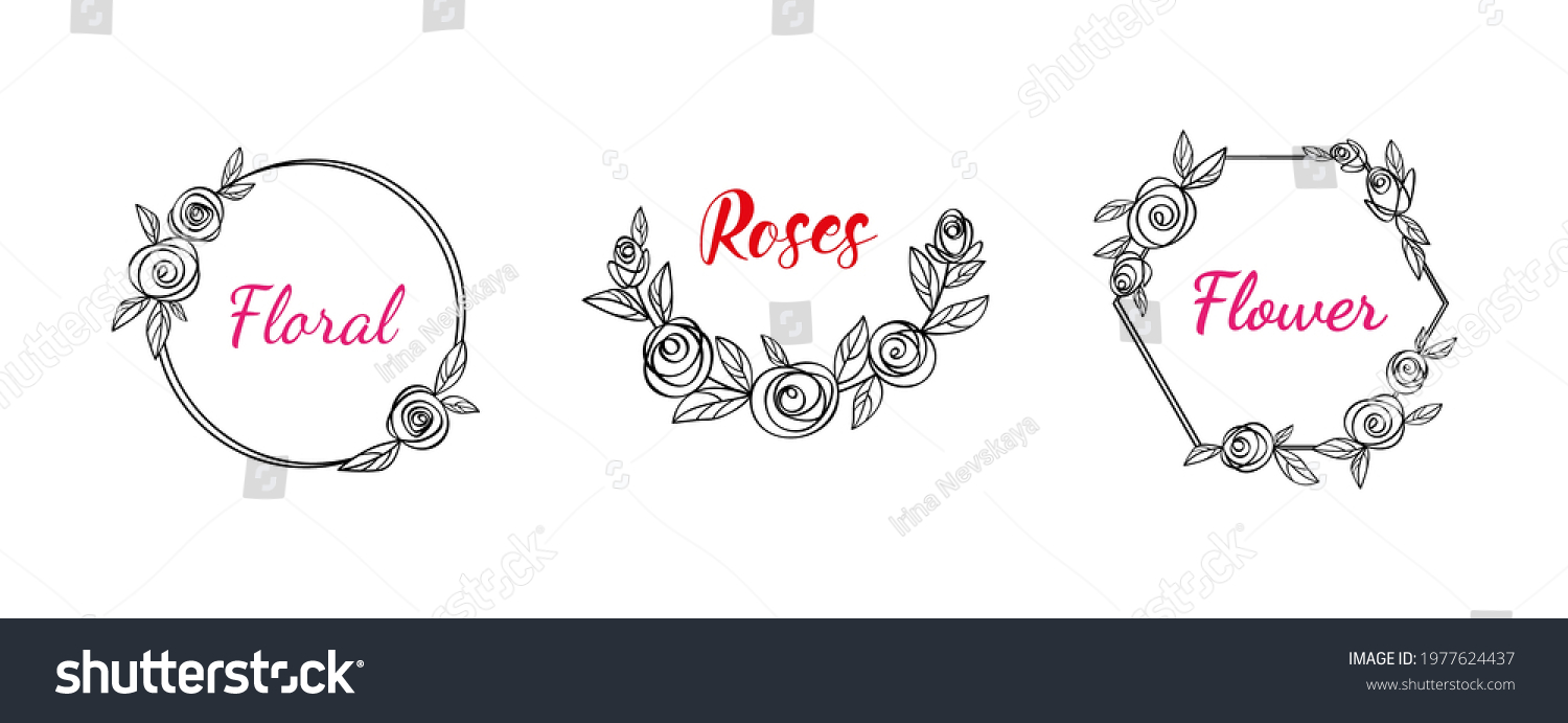 SVG of Set of floral monograms in form of frame. Round and polygonal floral frame made of rose flowers and leaves. For cutting SVG files on plotter. Frames for decorating the names of newlyweds at wedding svg