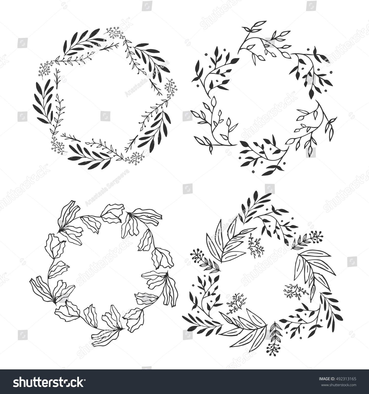 Set Floral Vine Wreaths Hand Drawn Stock Vector 492313165 - Shutterstock