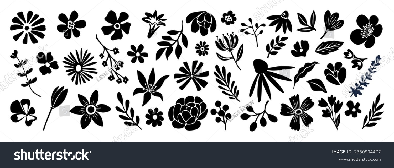 SVG of Set of flower and leaves silhouettes. Hand drawn floral design elements, icons, shapes. Wild and garden flowers, leaves black and white outline illustrations isolated on white background svg